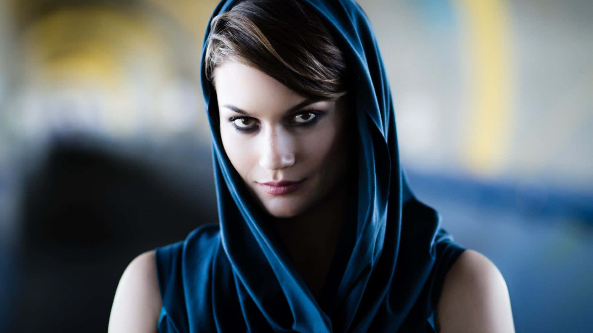 woman with headscarf, deep blue velvet hood, intense gaze, Full HD Desktop Wallpaper