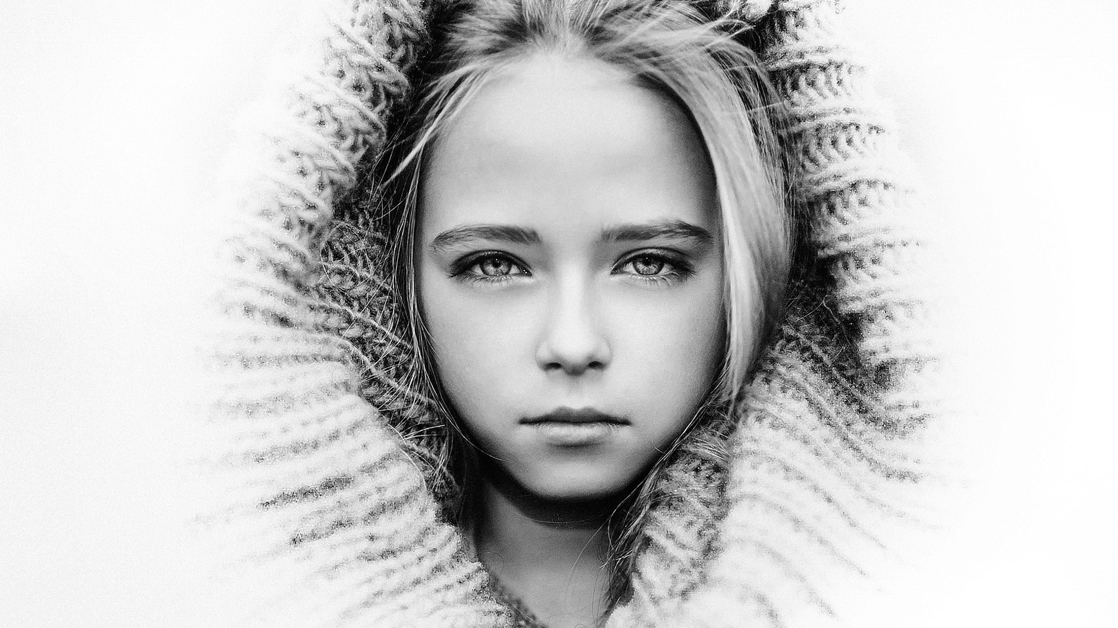charcoal illustration, child's face, young girl, 4K Desktop Wallpaper
