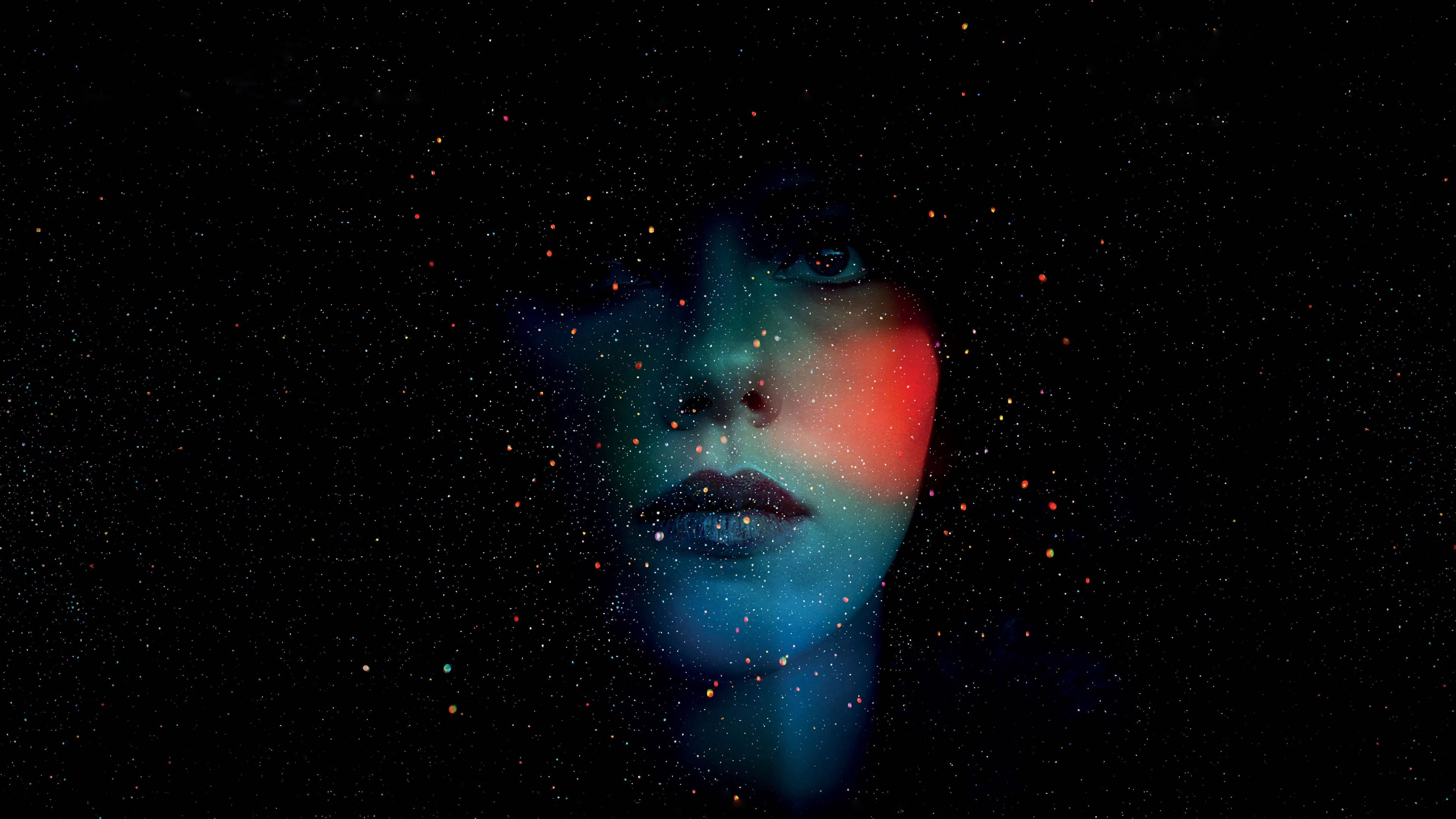 woman's face, cosmic darkness, glowing blue starlight, 4K Desktop Wallpaper