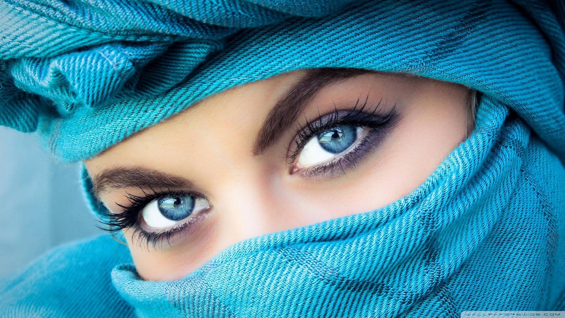 woman, intense blue eyes, vibrant turquoise headscarf, Full HD Desktop Wallpaper