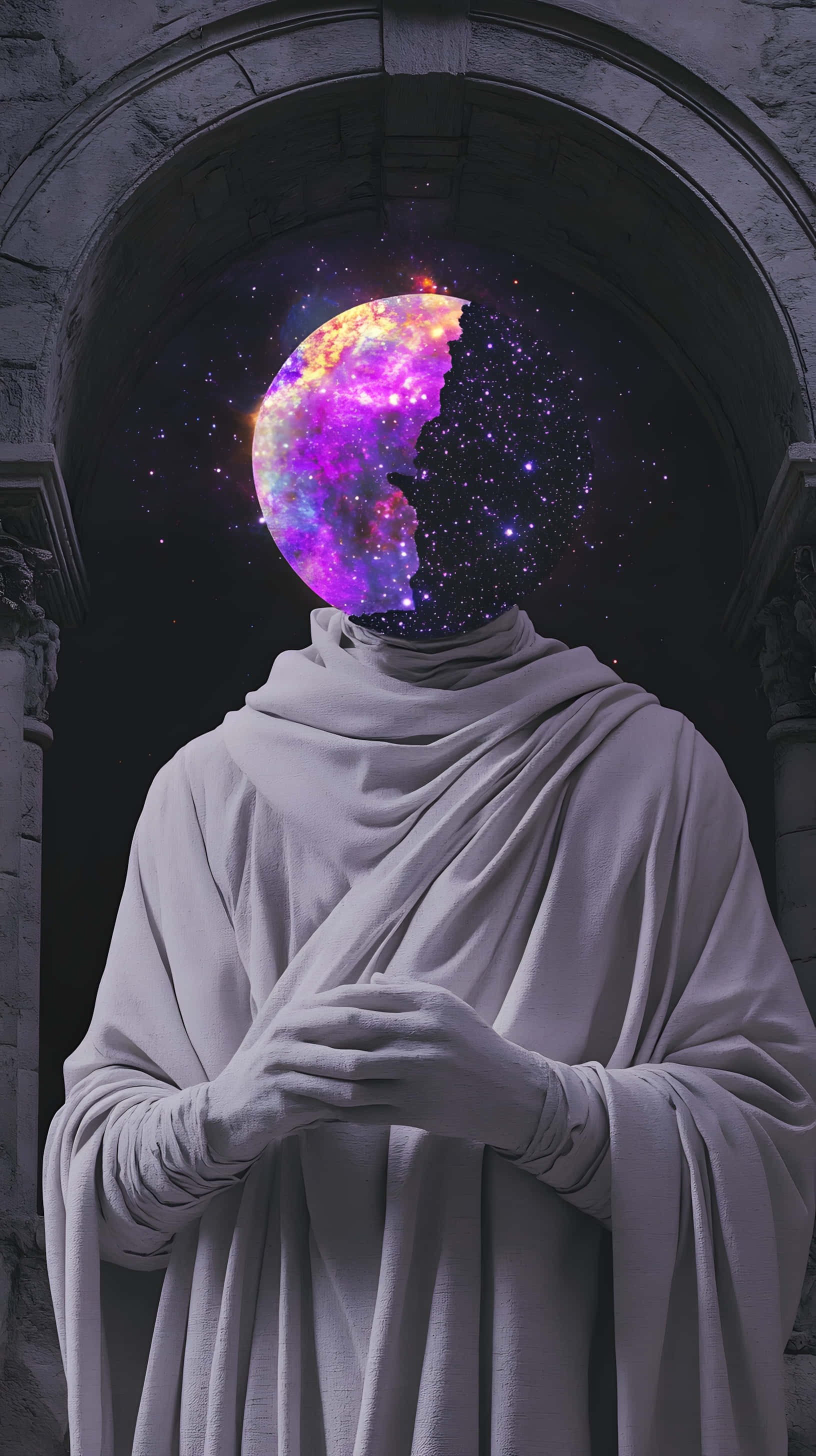 neon galaxy head, stone robe, cosmic galaxy moon, 2K Phone Wallpaper