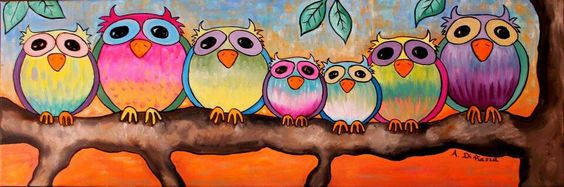 painted owls, cartoon owls, thick branch, SD Desktop Wallpaper