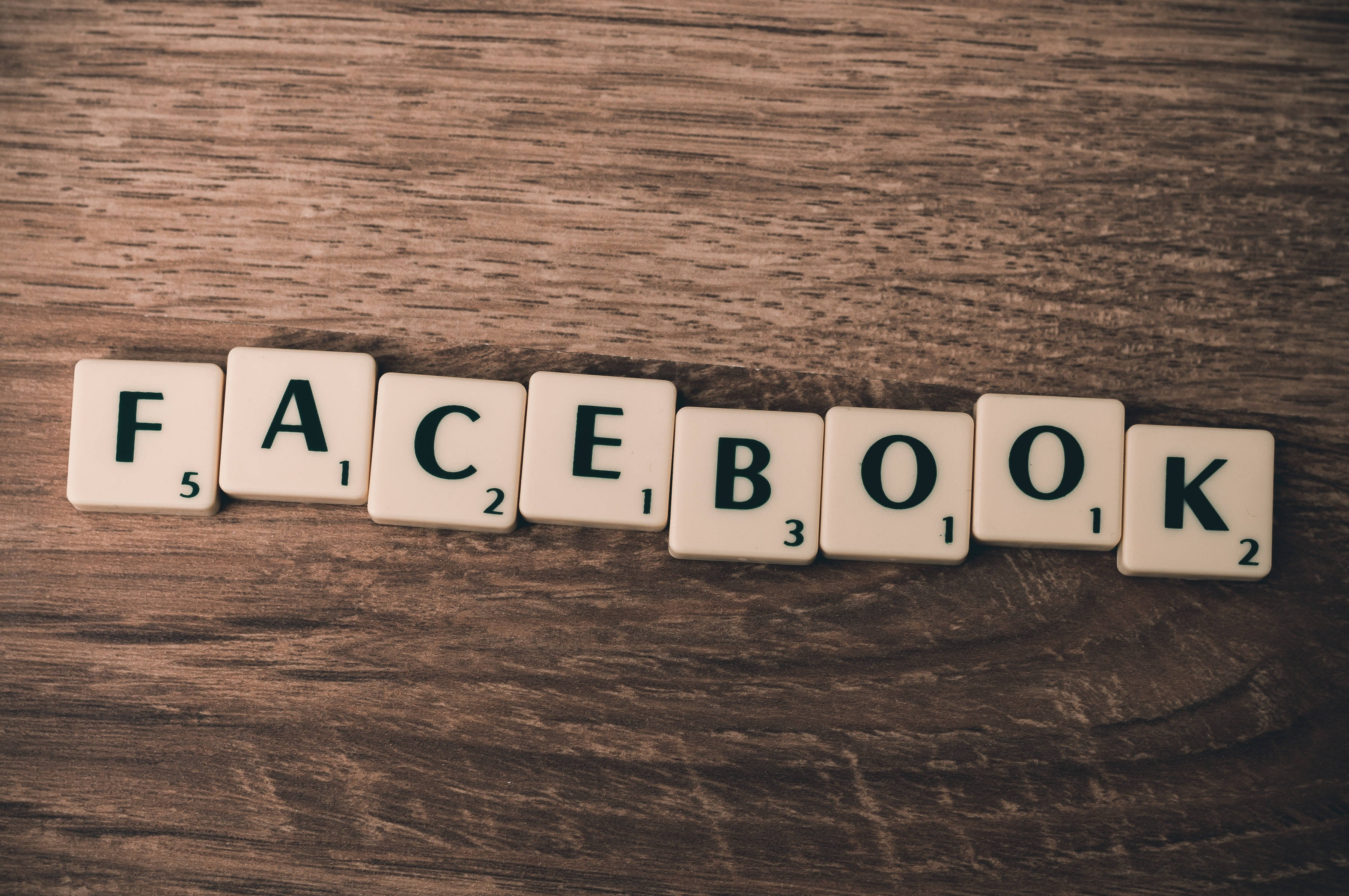 Facebook, Scrabble tiles, rustic wooden surface, 2K Desktop Wallpaper