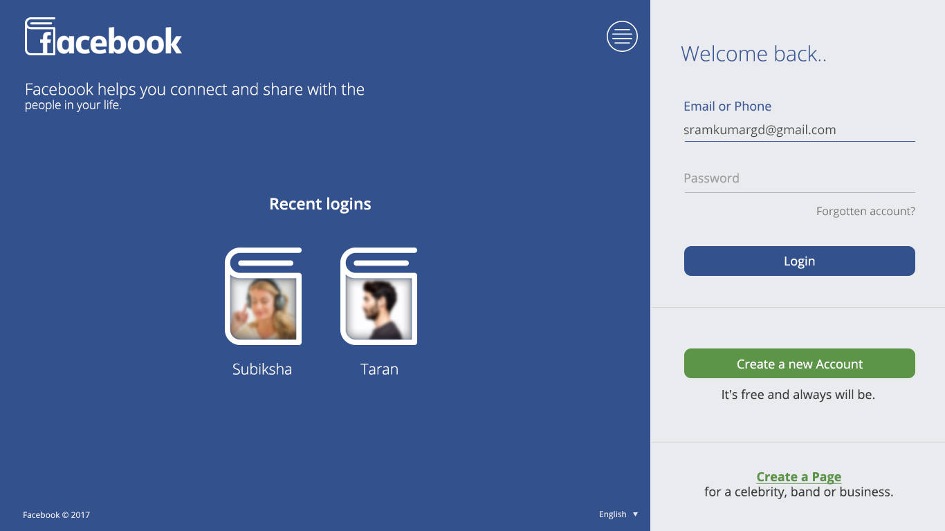 Facebook, login screen, recent logins, HD Desktop Wallpaper