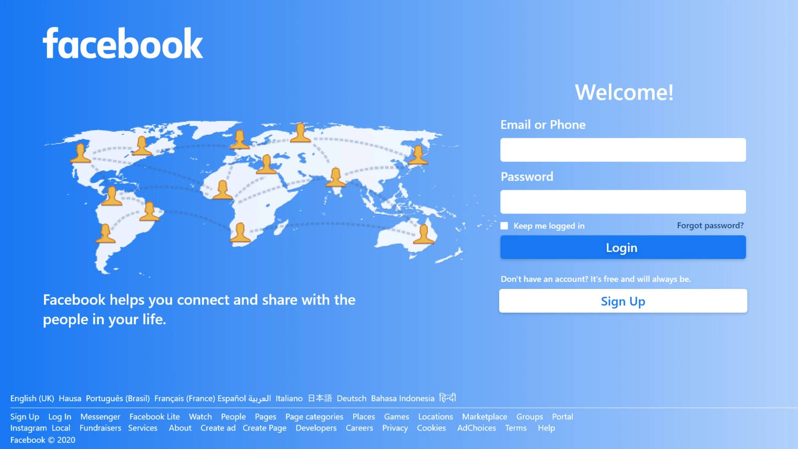 Facebook Login Page, world map, blue gradient background, HD Desktop Wallpaper