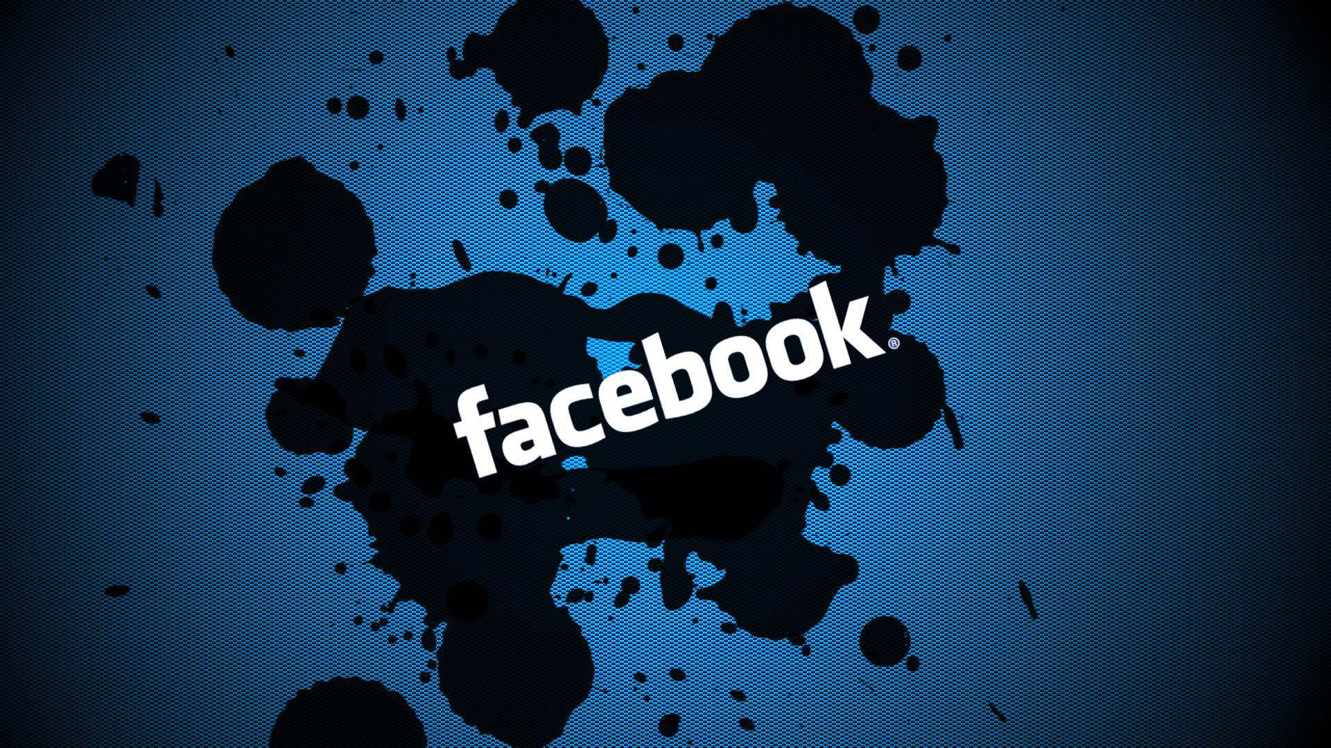 Facebook logo, black ink splatters, textured blue background, Full HD Desktop Wallpaper