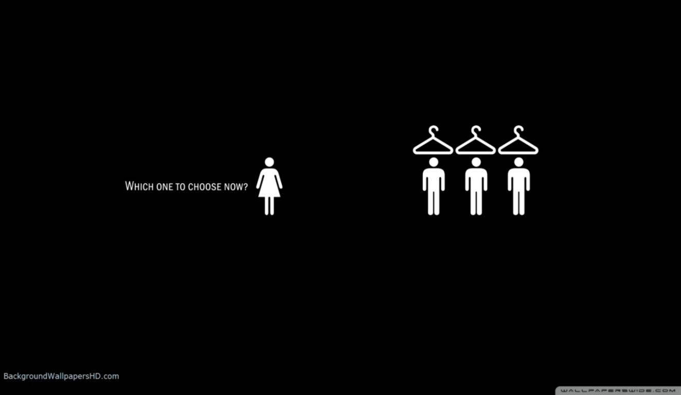 female figure, three male figures, hanger above their head, HD Desktop Wallpaper