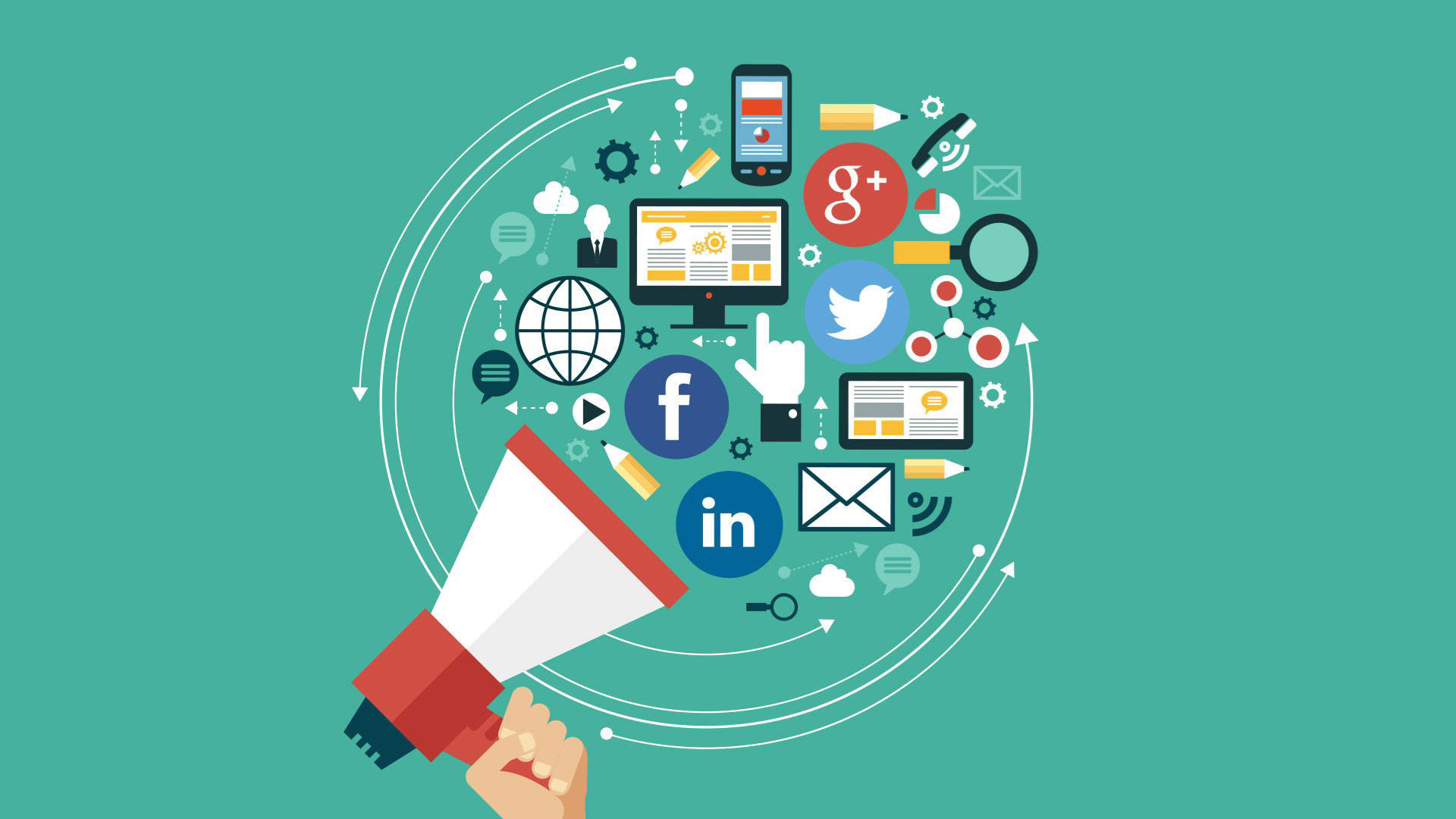 megaphone, social media icons, digital tools, Full HD Desktop Wallpaper