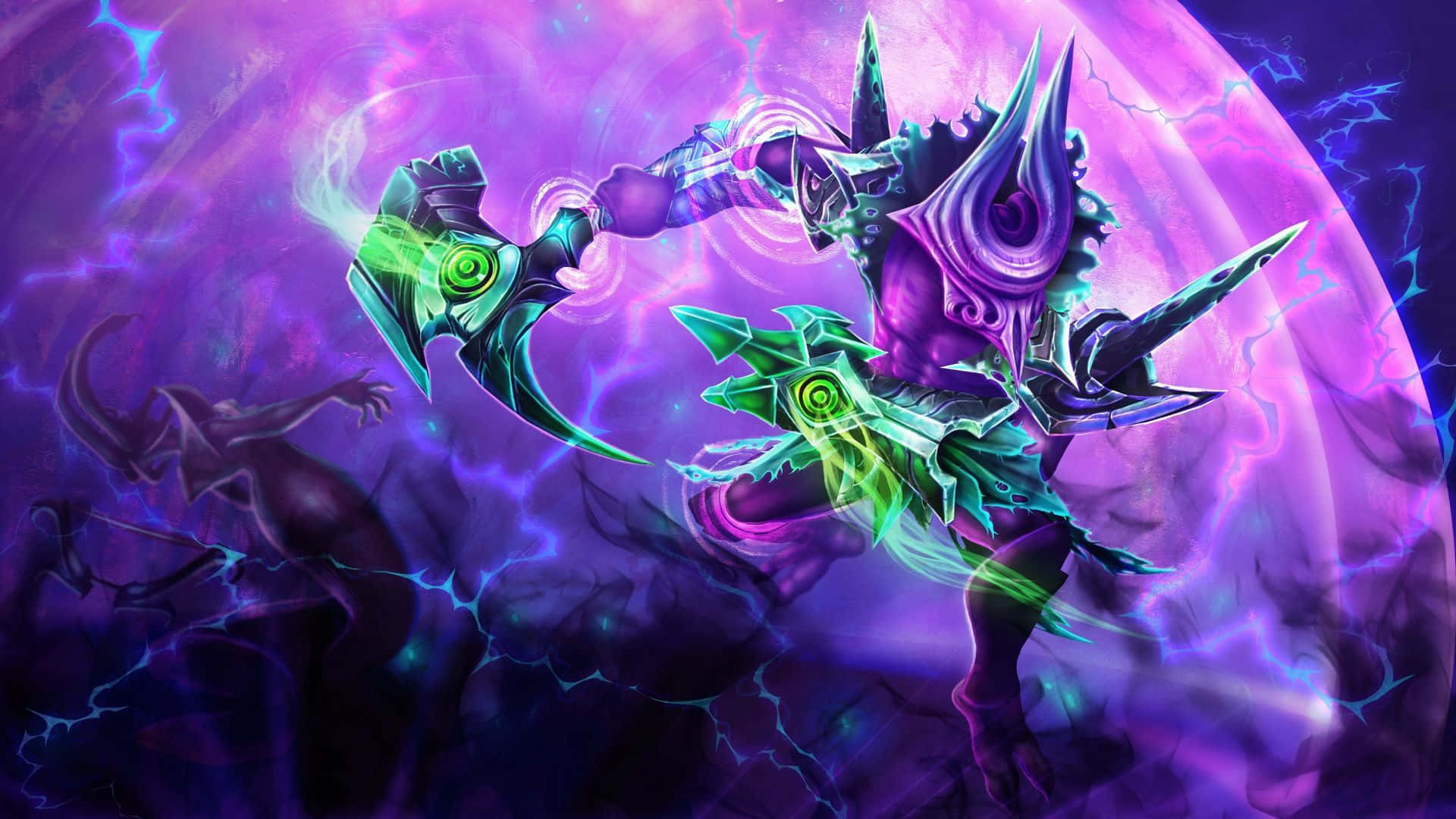 Faceless Void, glowing green weapons, swirling purple lightning storm, Full HD Desktop Wallpaper