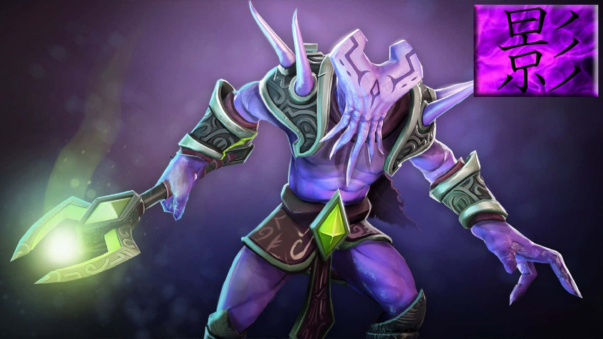 Faceless Void, purple-skinned, glowing green weapon, Full HD Desktop Wallpaper
