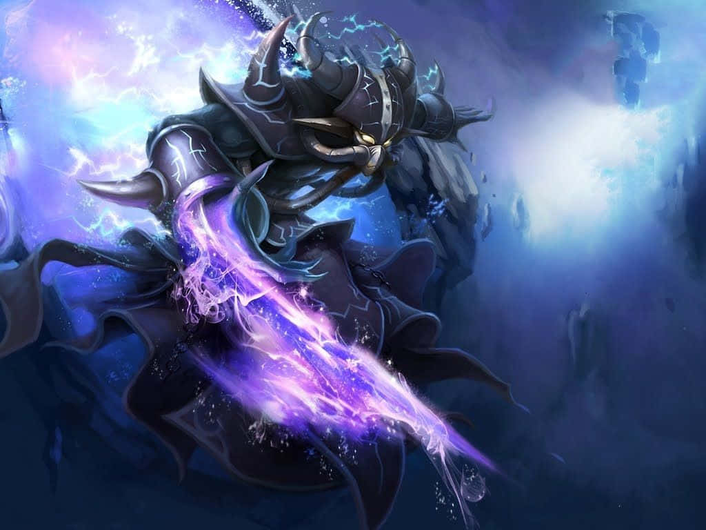 Faceless Void, glowing purple energy blade, stormy cosmic backdrop, SD Desktop Wallpaper