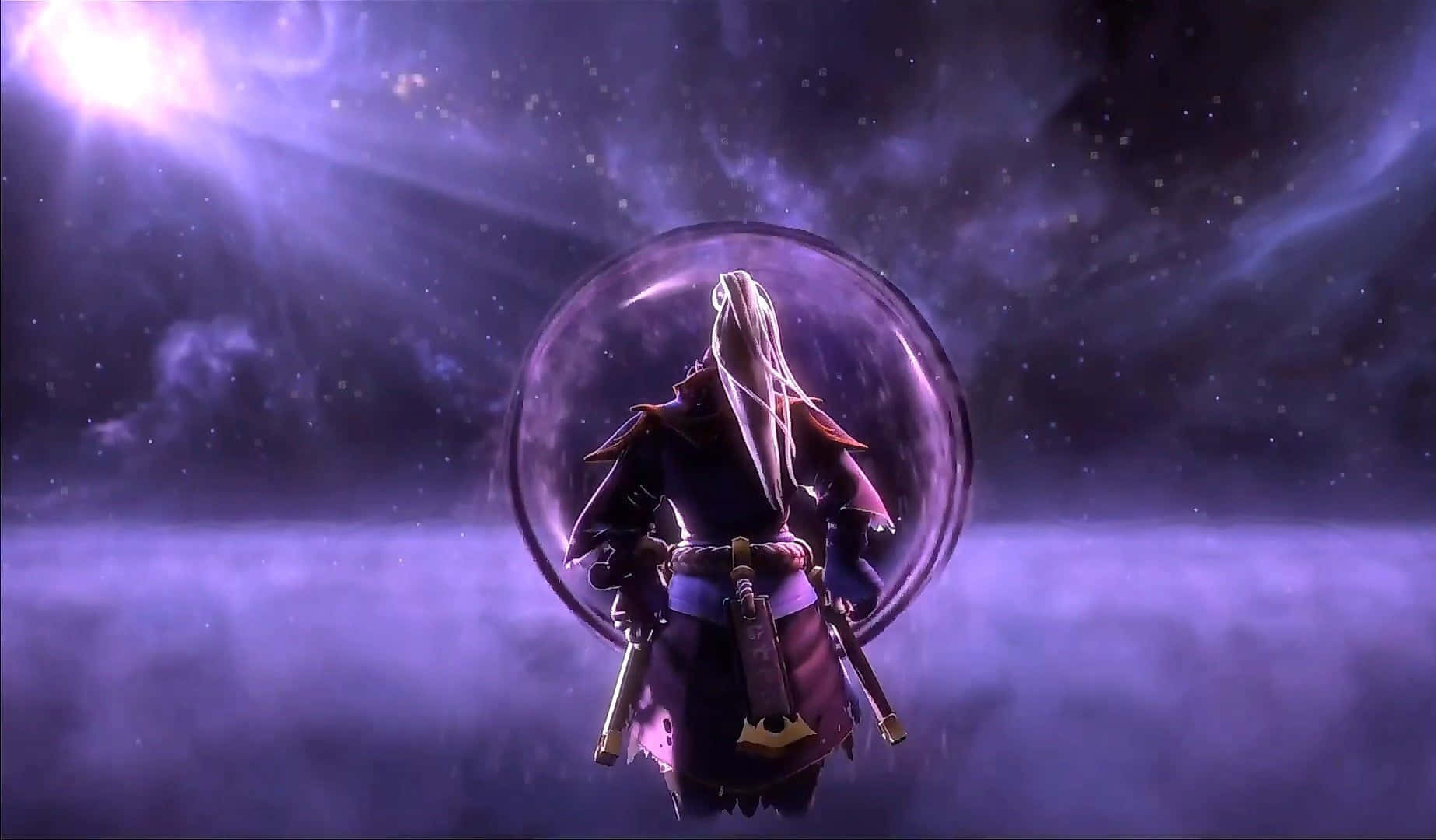 Faceless Void, glowing purple sphere, cosmic nebula backdrop, HD Desktop Wallpaper