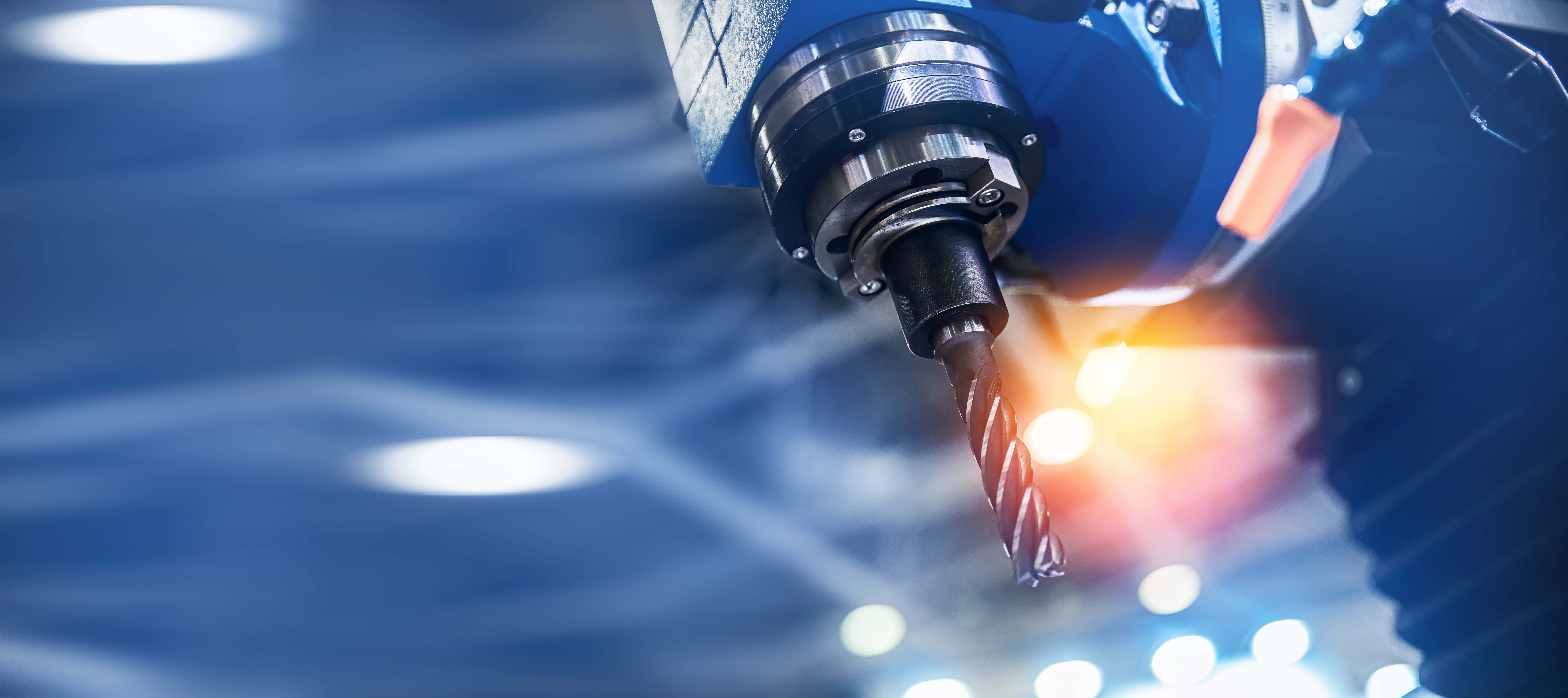 blue industrial drill bit, bright sparks, factory setting, 8K Desktop Wallpaper
