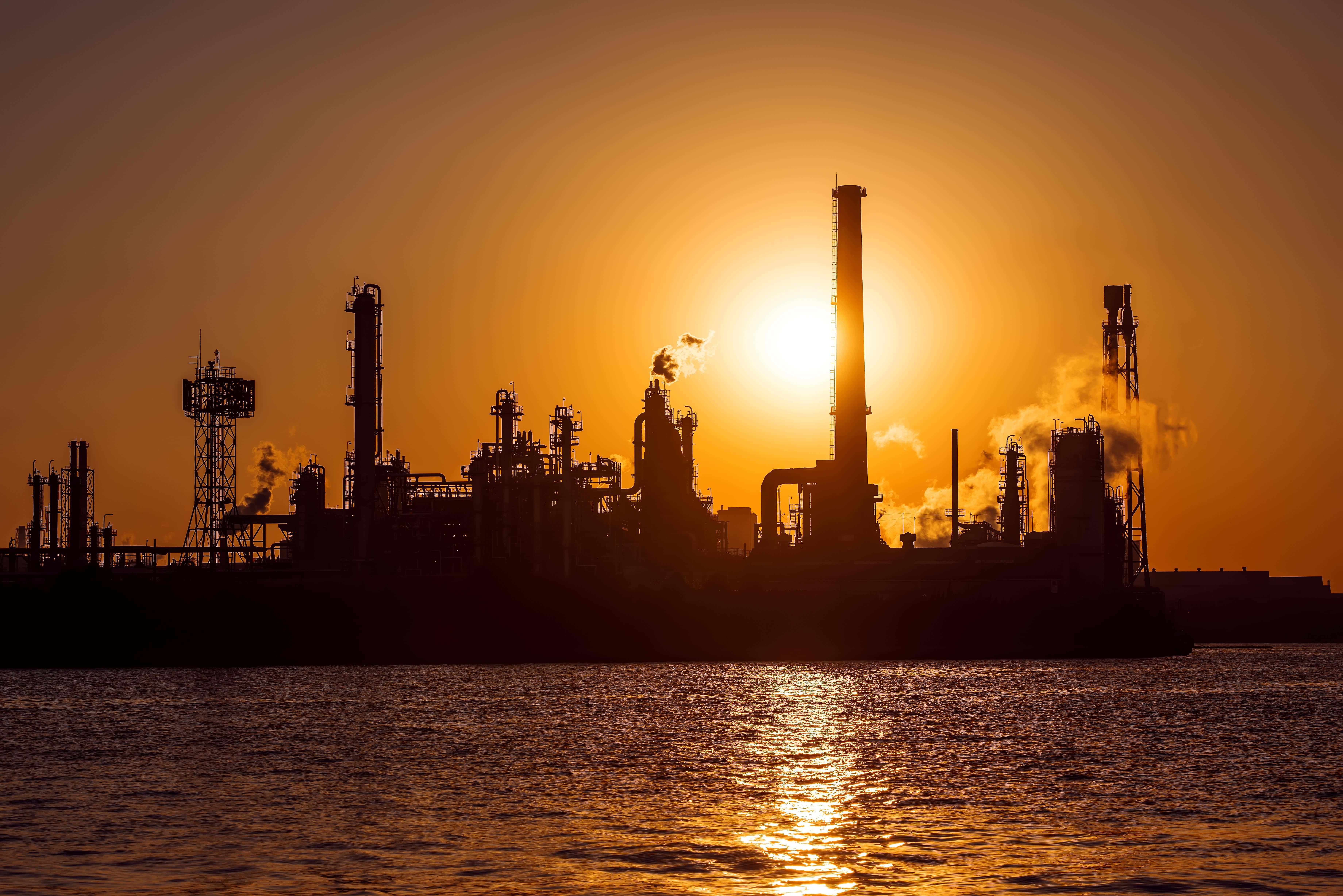 industrious factory, sunset, silhouette, 5K Desktop Wallpaper