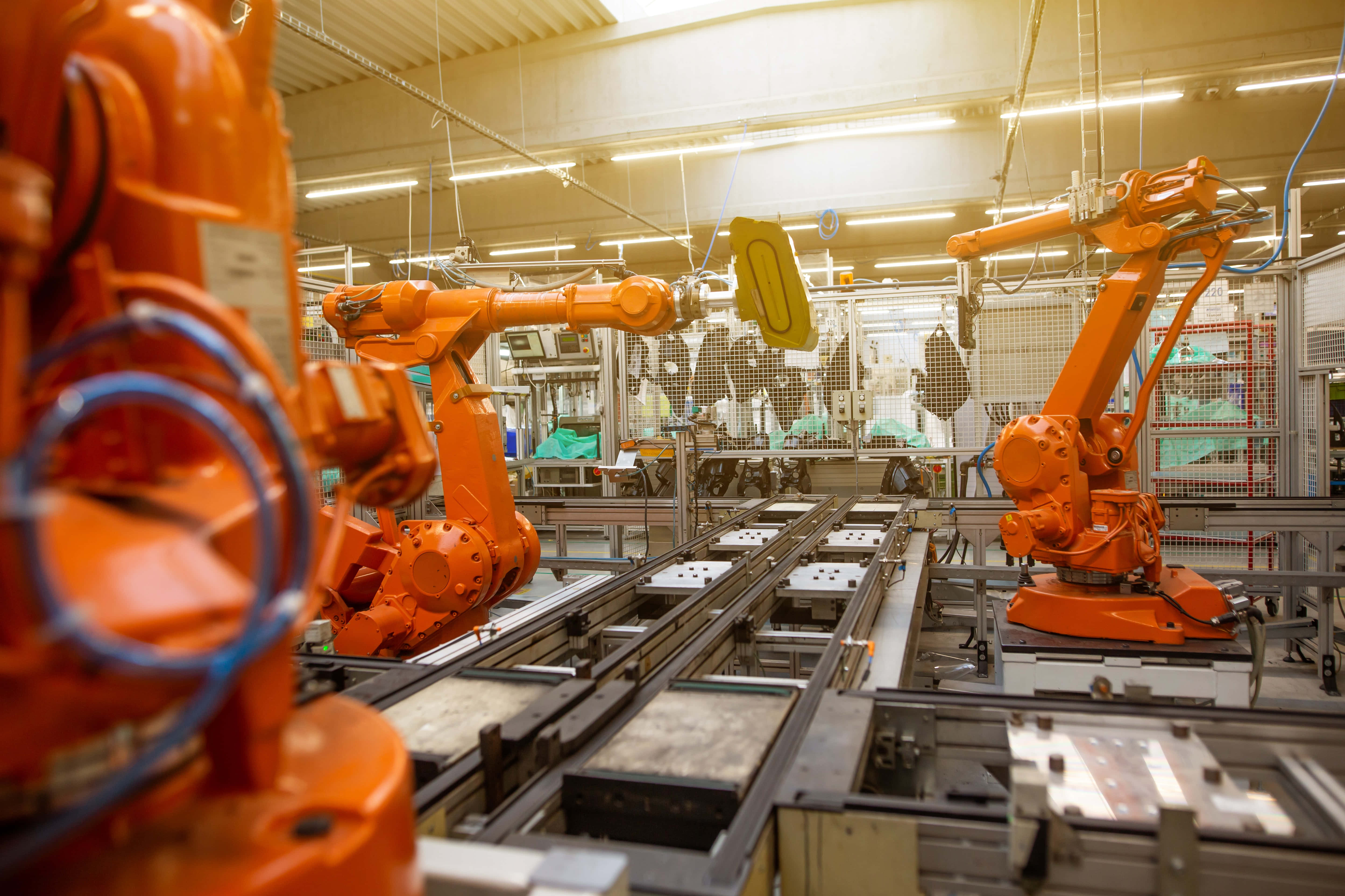 automatic robotic arms, factory conveyor belt, bright fluorescent lights, 5K Desktop Wallpaper