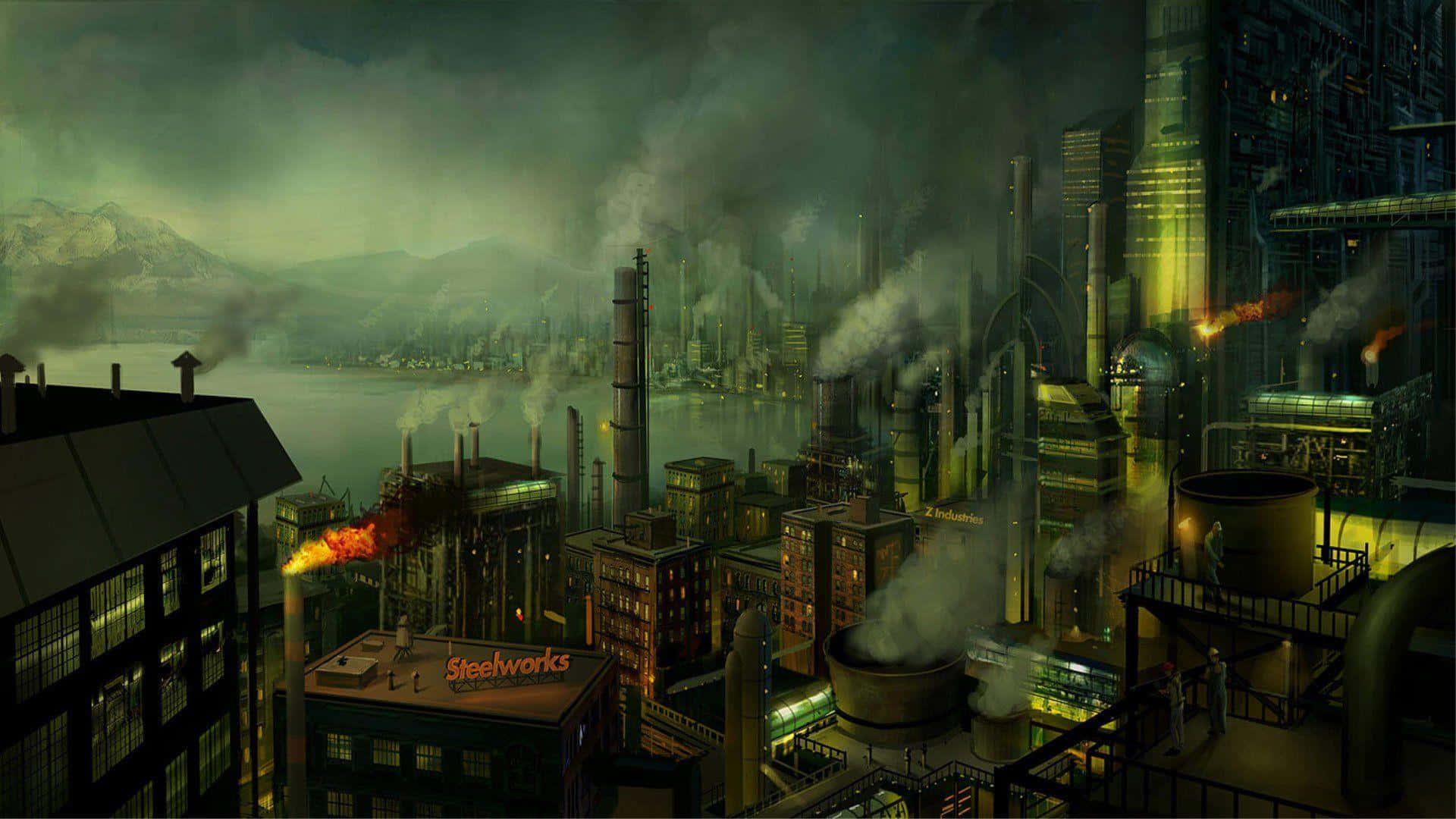 dystopian cityscape, towering factories, belching smoke, Full HD Desktop Wallpaper