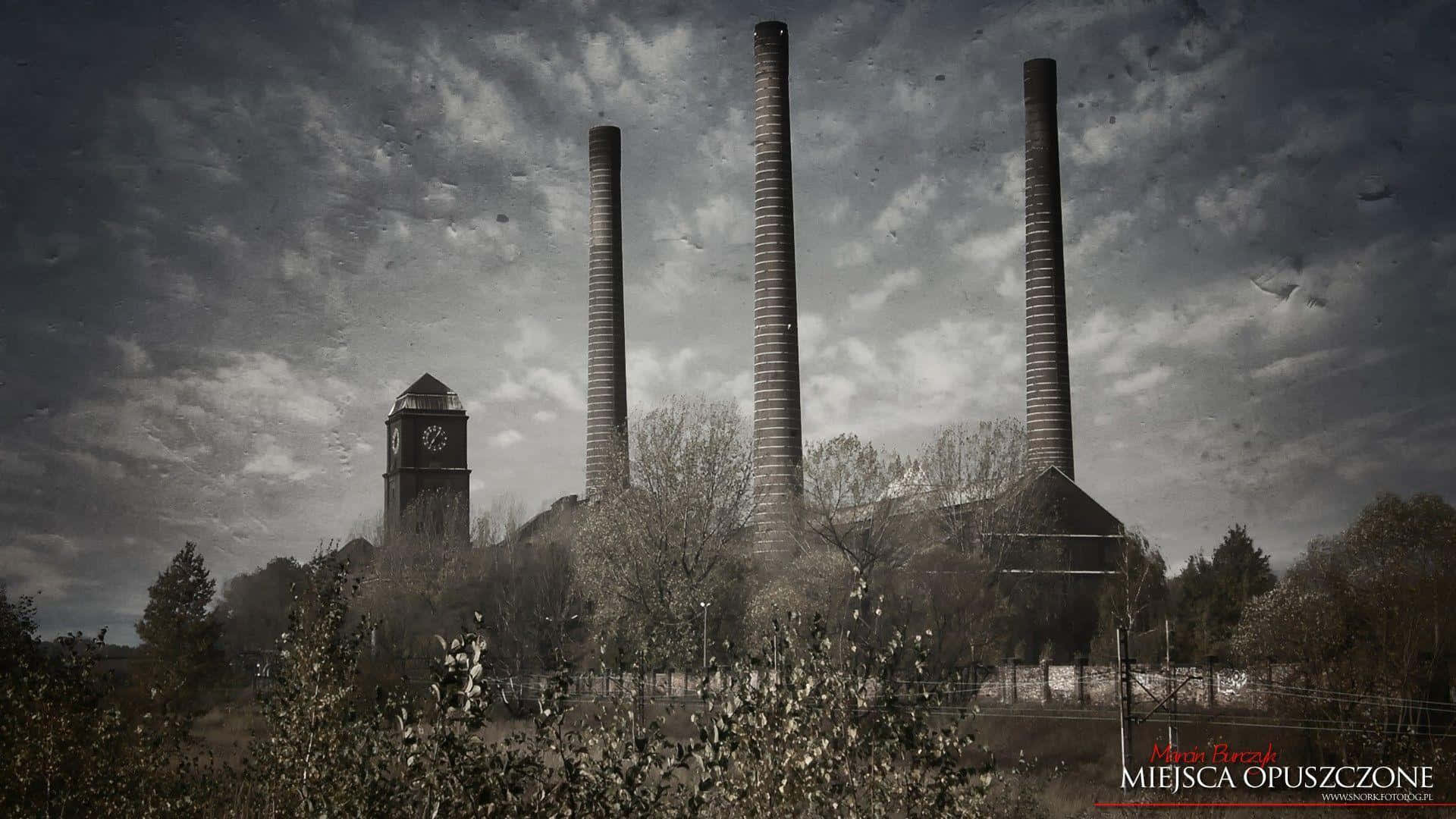 industrious power plant, three towering smokestacks, clock tower, Full HD Desktop Wallpaper