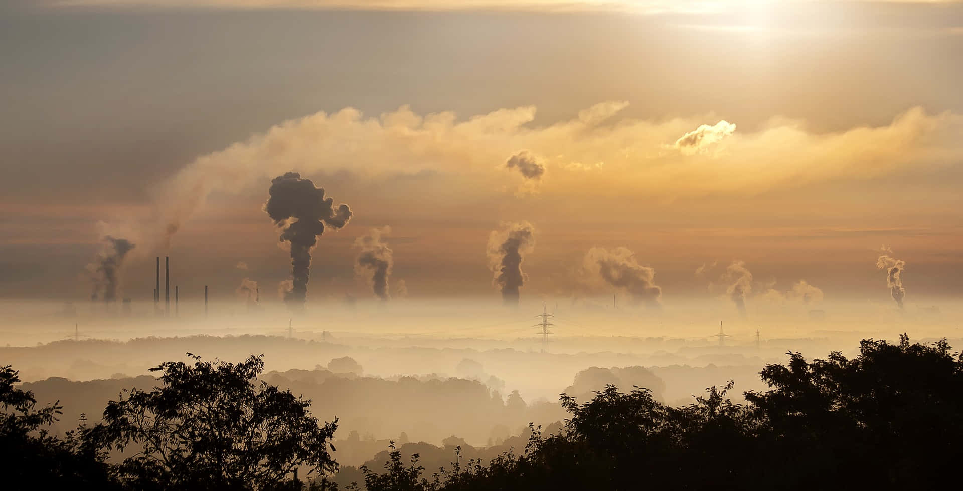 modern industrial factory, industrial smokestacks, hazy golden sunrise sky, Full HD Desktop Wallpaper