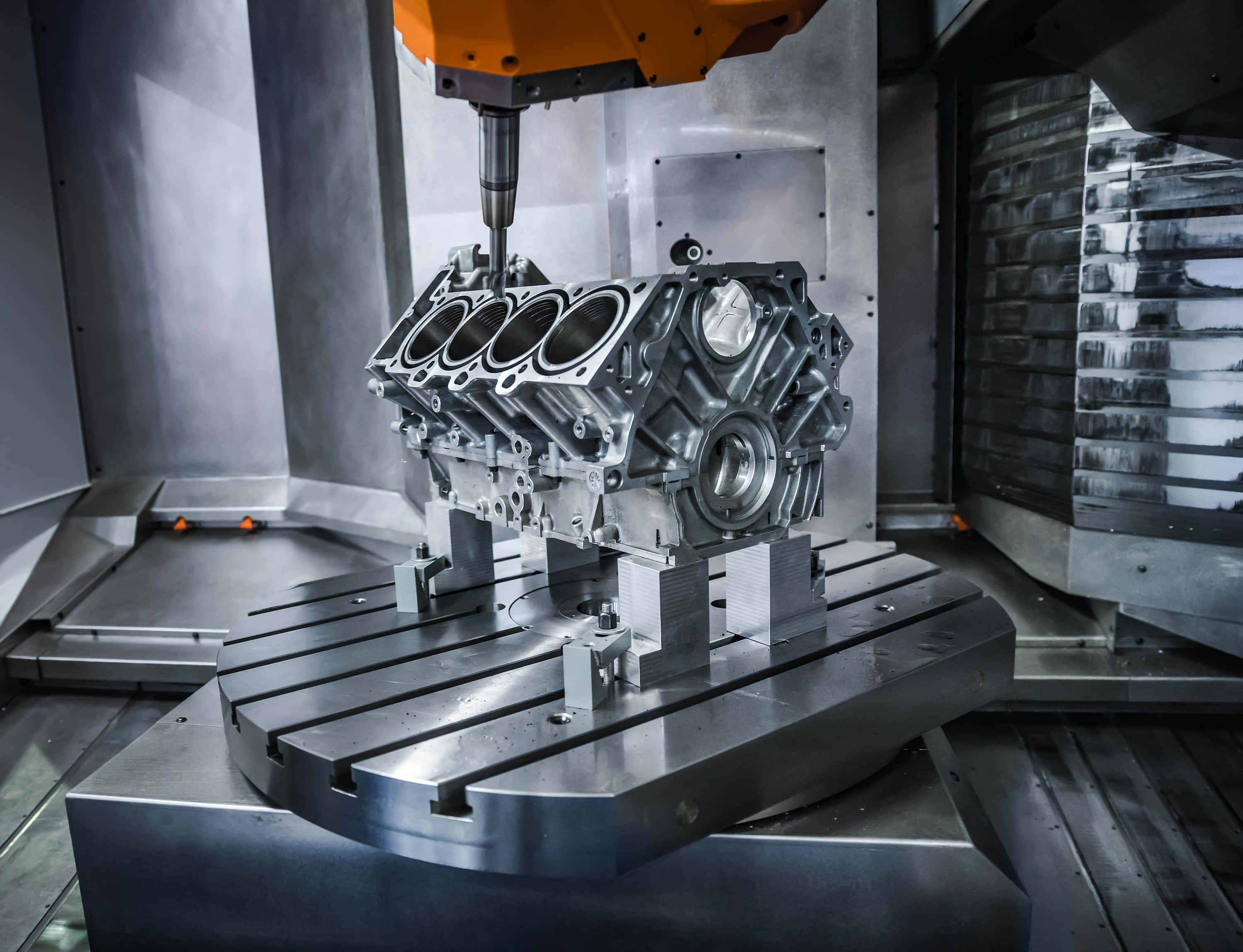 CNC machine, metallic engine block, sterile industrial workshop, 2K Desktop Wallpaper