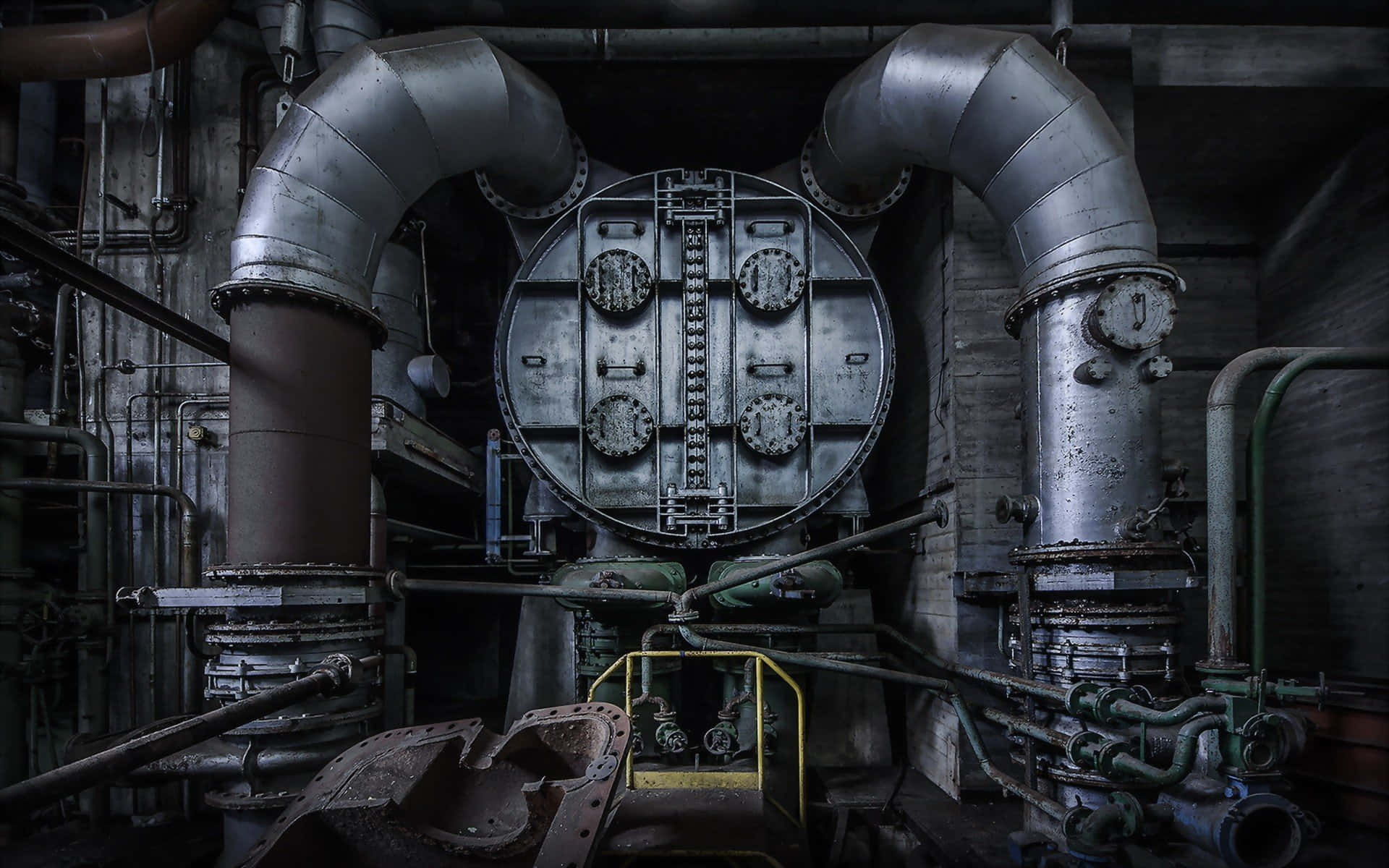 massive industrial boiler, curved metal pipes, gauges, Full HD Desktop Wallpaper
