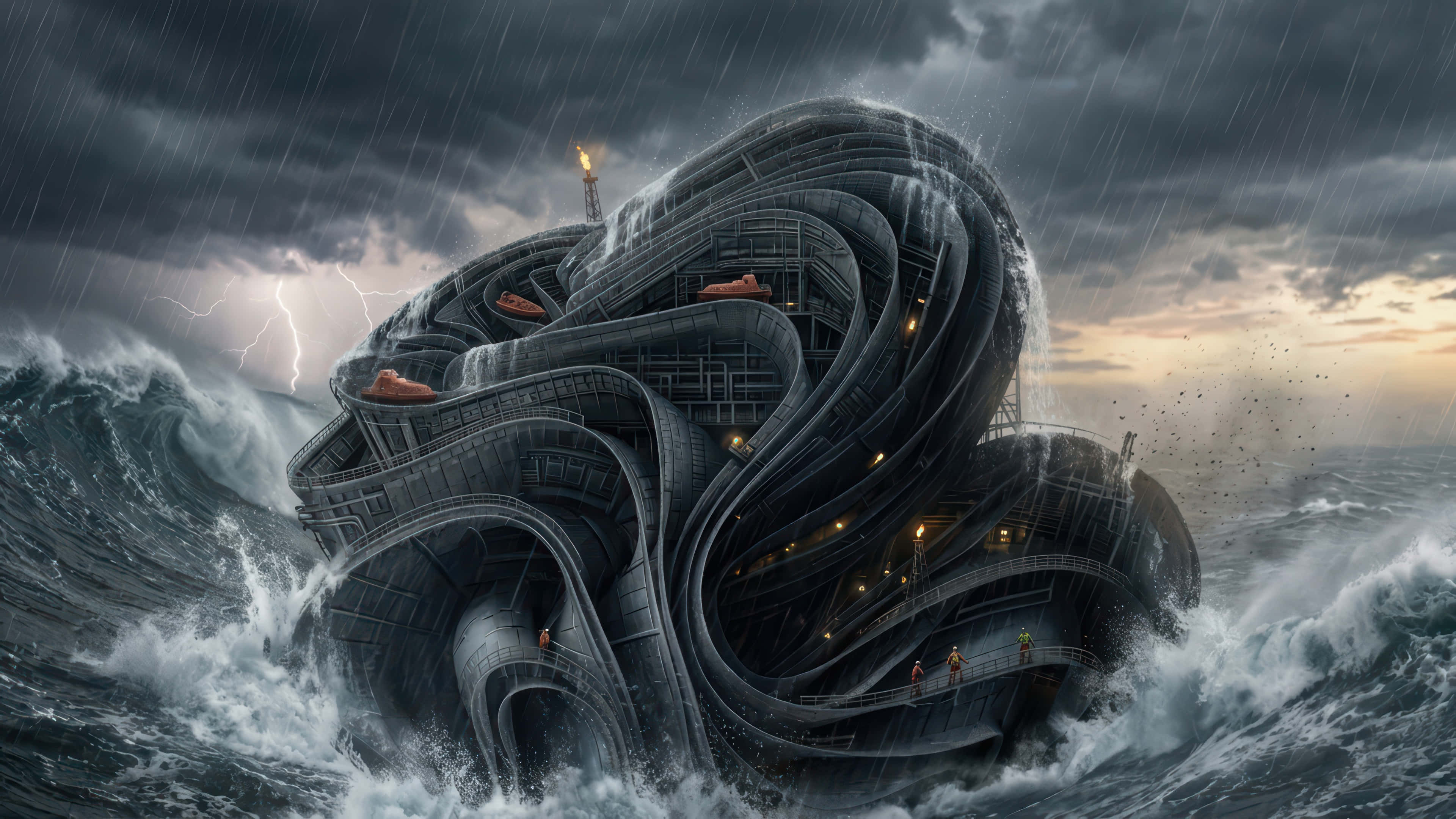 oil refinery bloom station, ocean, stormy sky, 4K Desktop Wallpaper