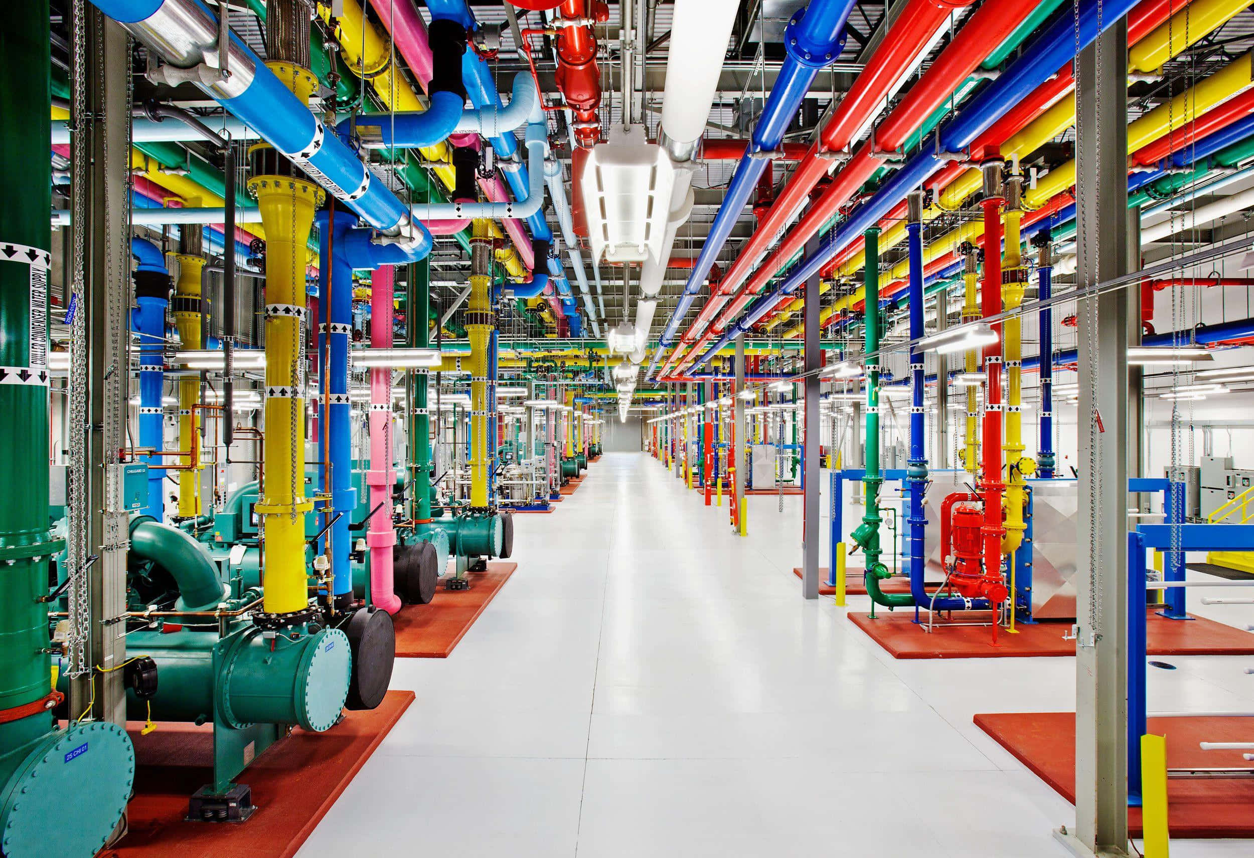 colorful industrial piping factory hallway, brightly lit industrial corridor, colorful pipes, Full HD Desktop Wallpaper