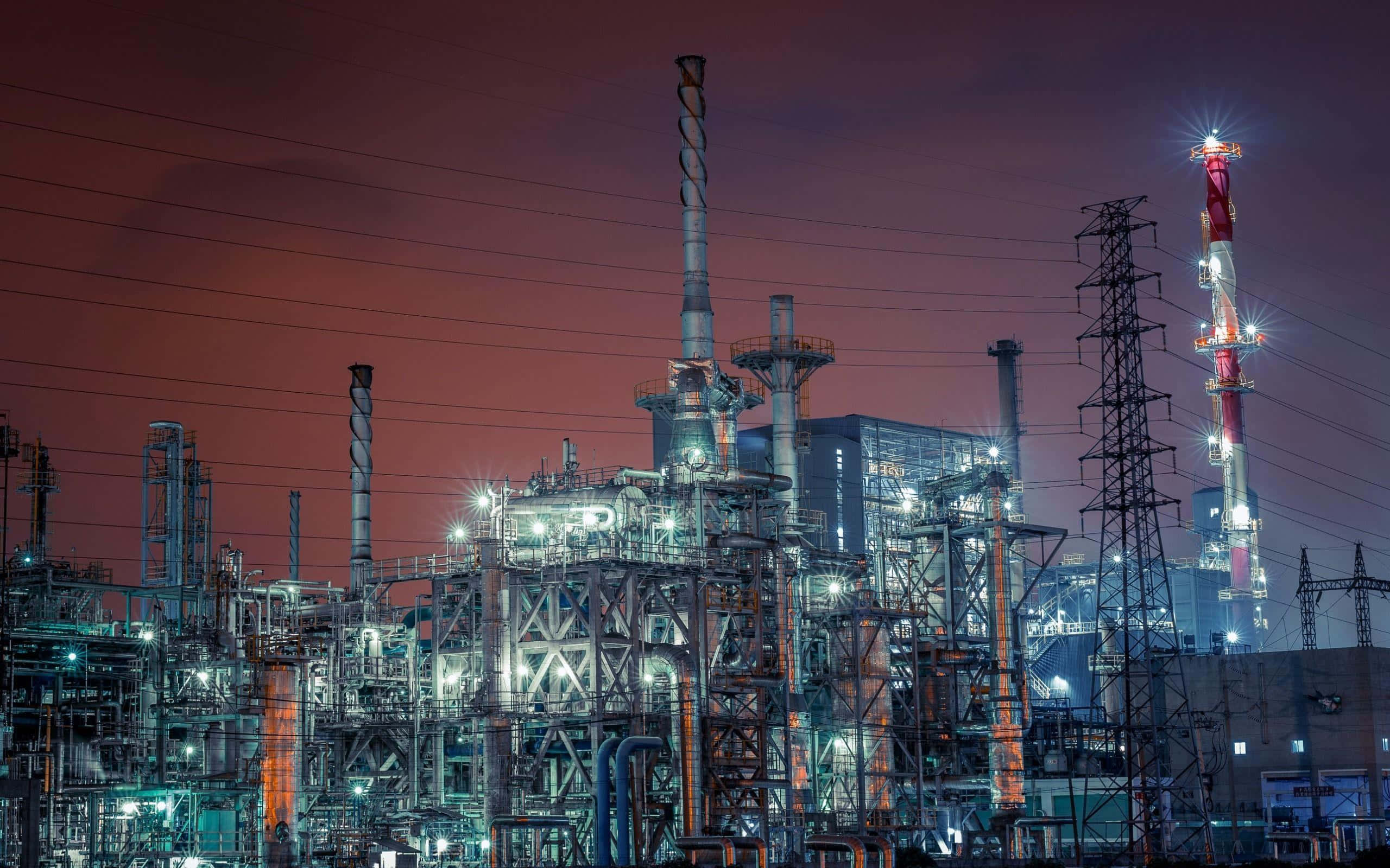 industrial refinery, artificial lights, deep red twilight sky, 2K Desktop Wallpaper