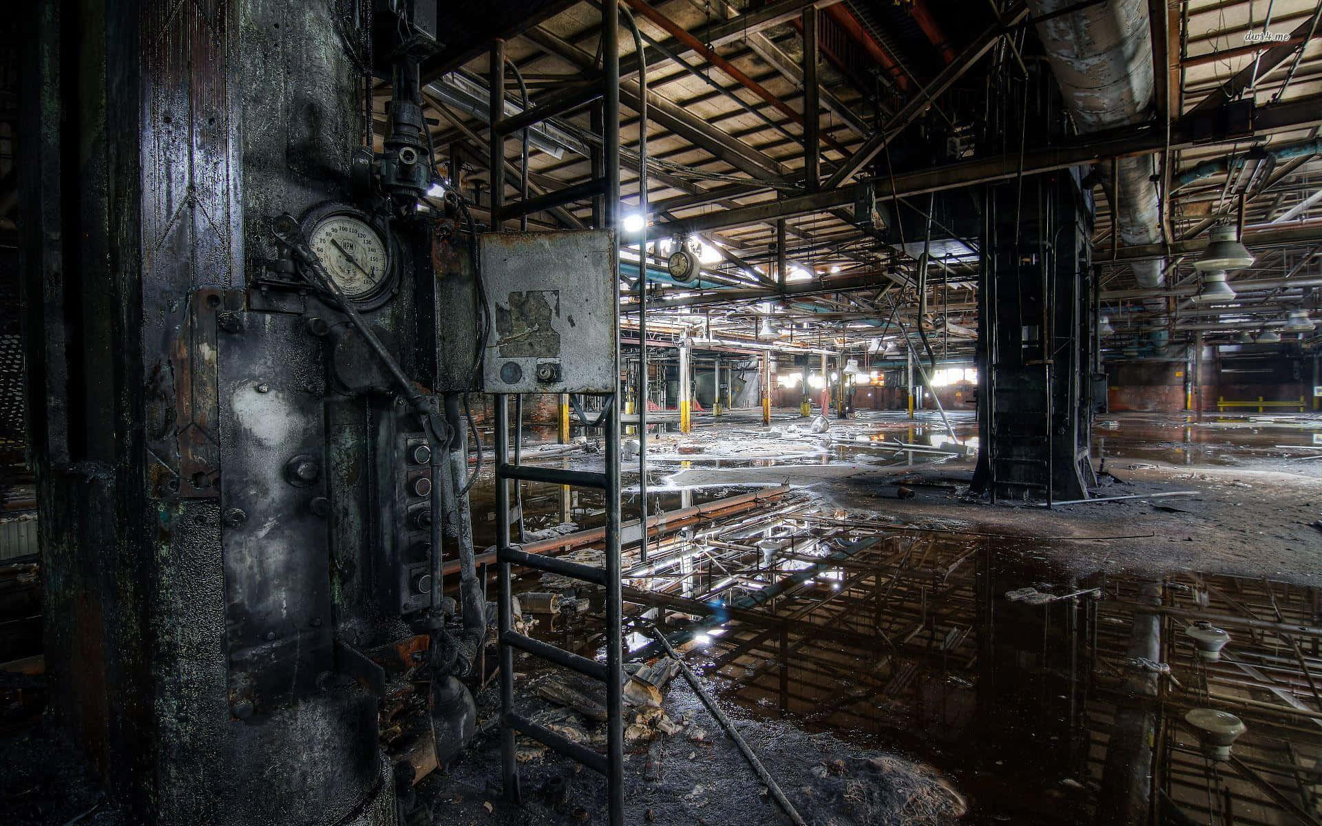 abandoned industrial complex, rusted machinery, reflective puddles, Full HD Desktop Wallpaper