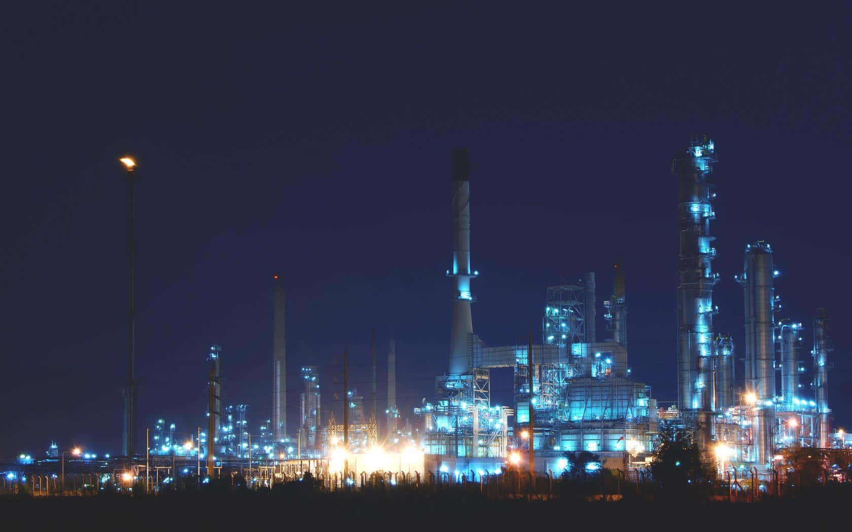 industrial refinery, blue and yellow lights, deep night sky, HD Desktop Wallpaper