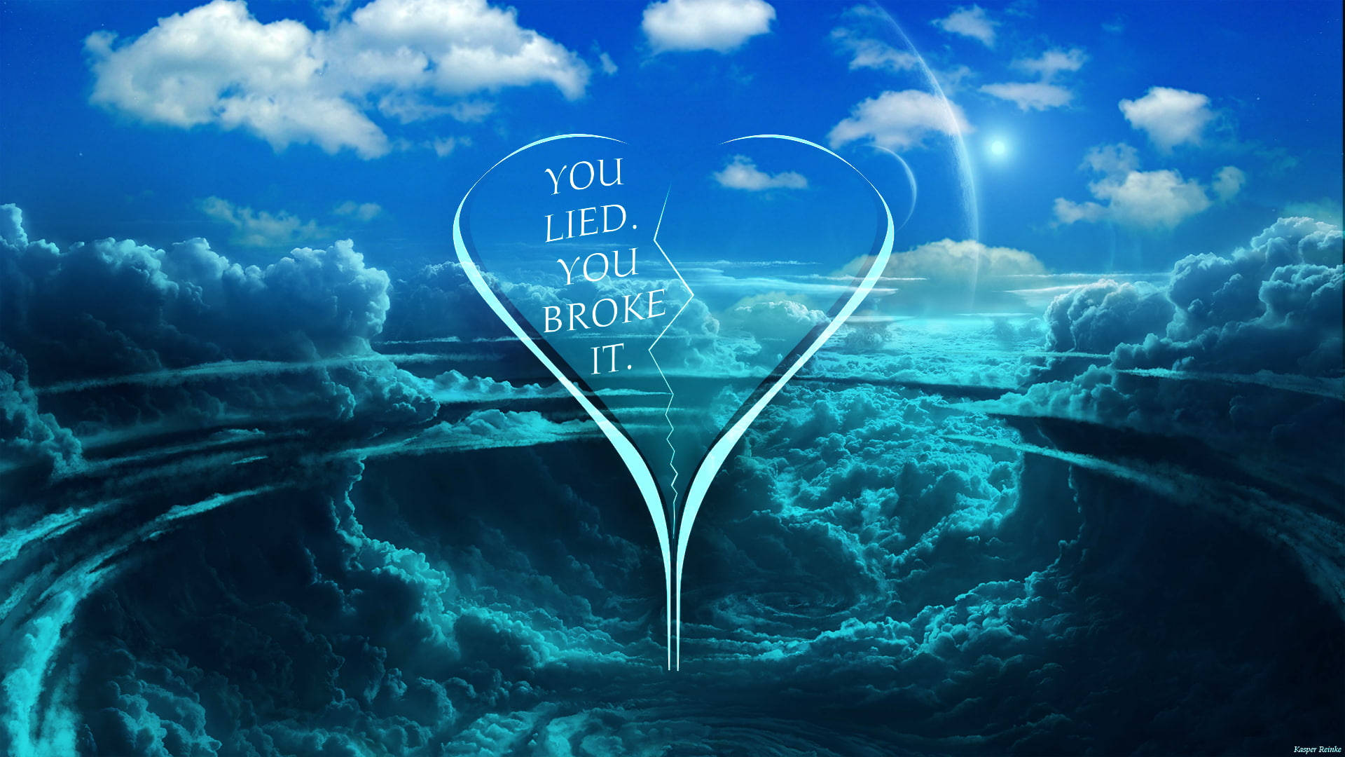 Love Failure Accusing, shattered heart-shaped glass, swirling teal clouds, Full HD Desktop Wallpaper