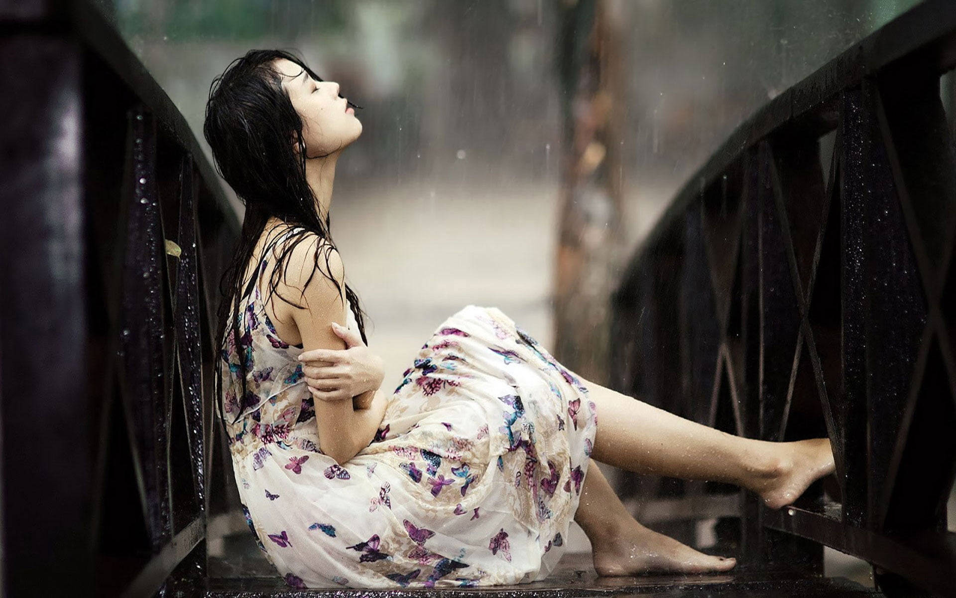 Love Failure Girl In Rain, butterfly-print dress, wet bridge railing, Full HD Desktop Wallpaper