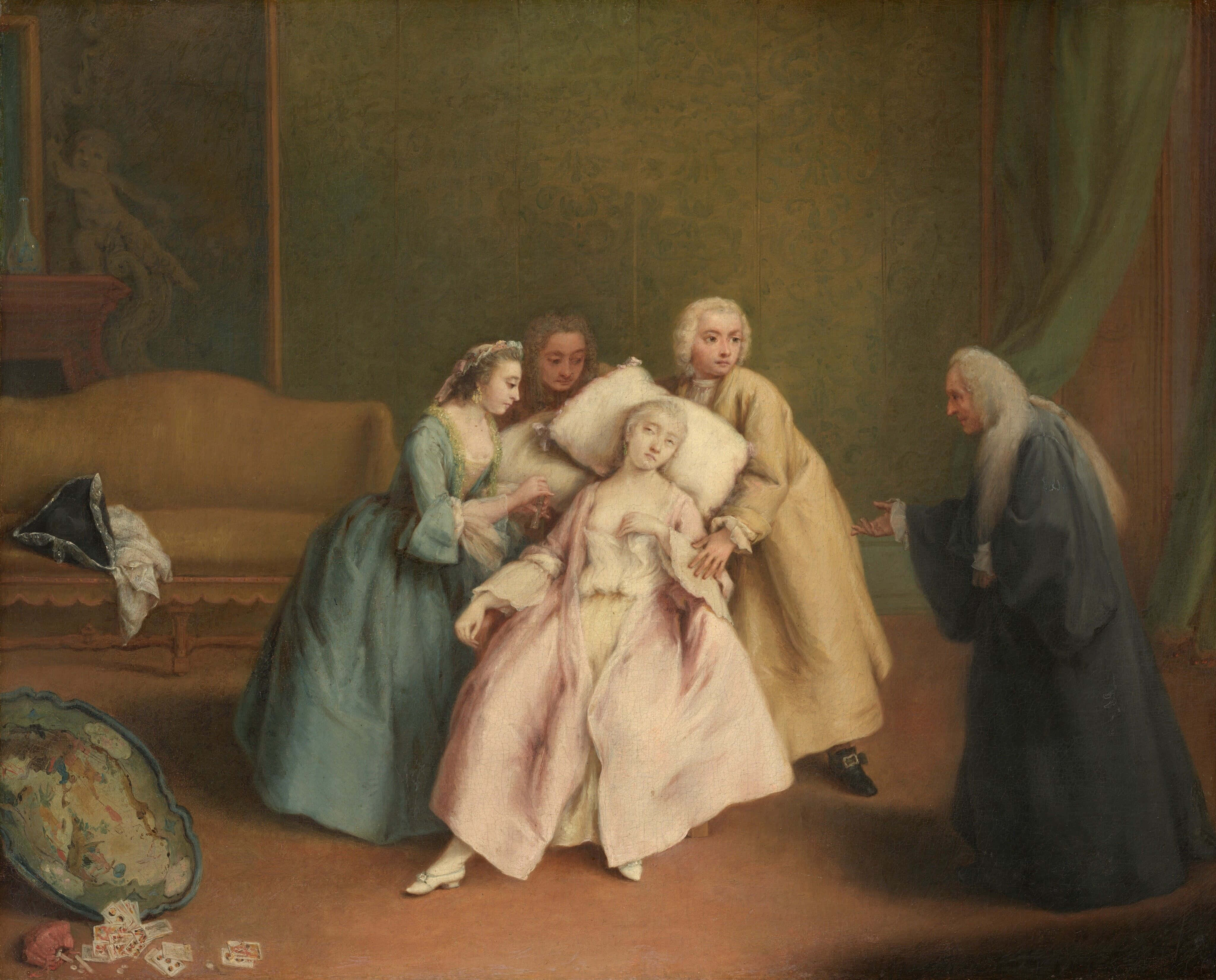 18th century, fainting scene, elegantly dressed figures, 4K Desktop Wallpaper