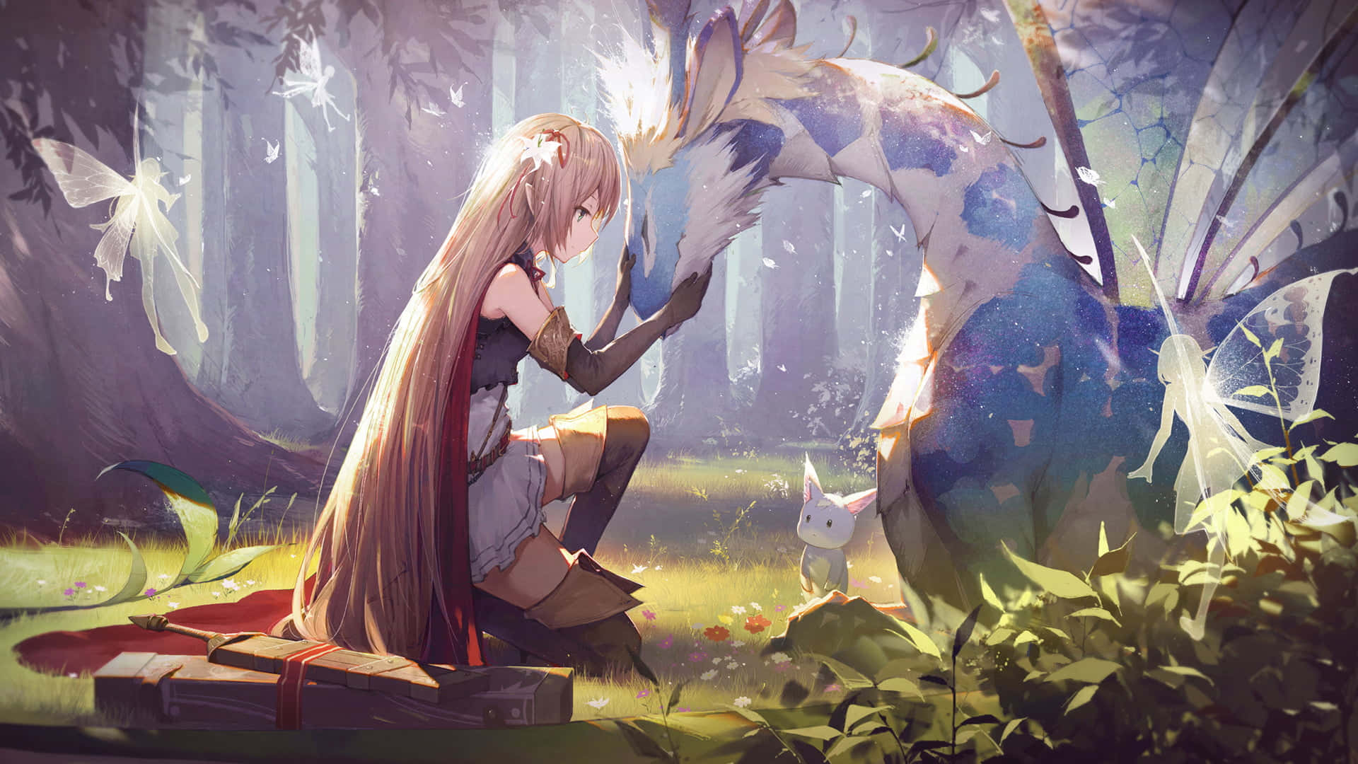 Fairytale Worrier Girl Dragon Anime, young anime girl, sunlit forest, Full HD Desktop Wallpaper