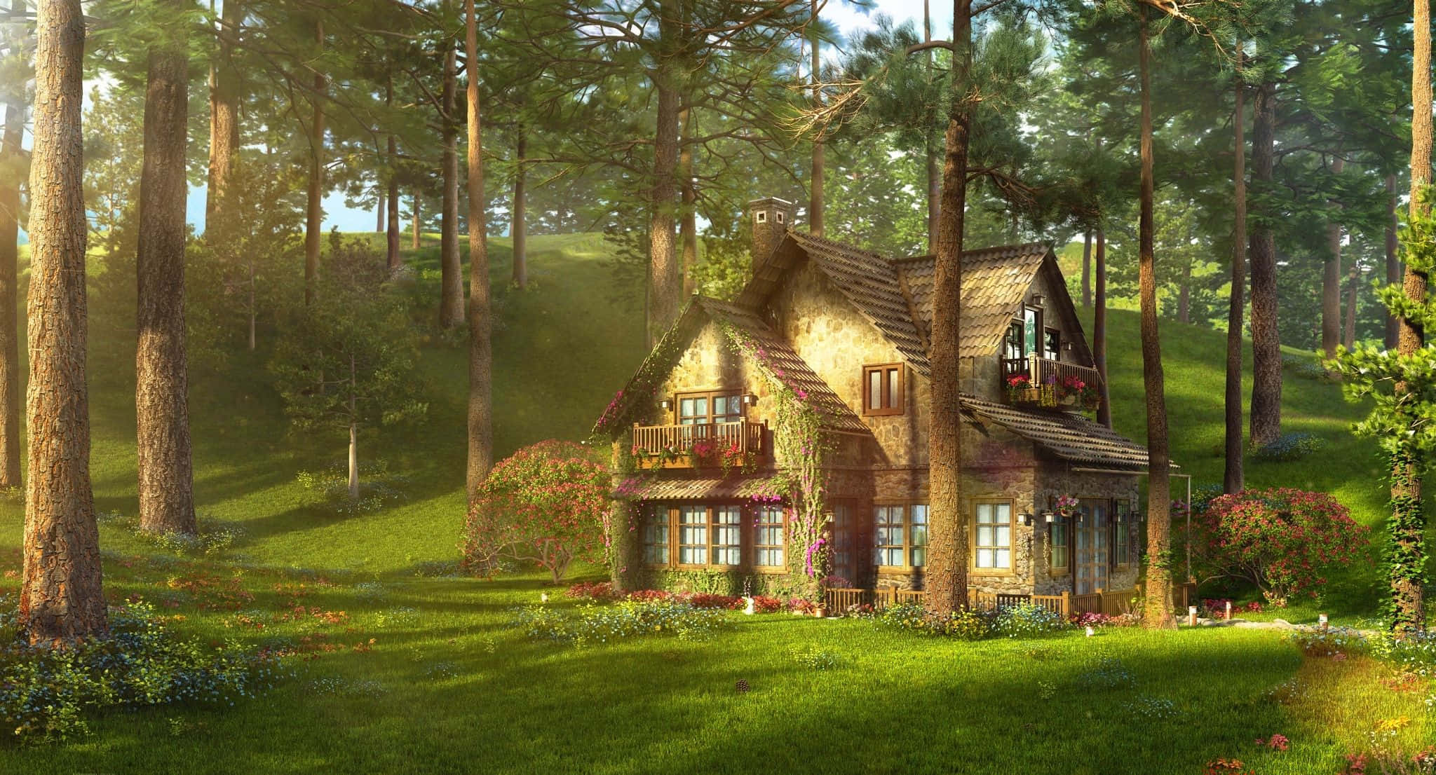 Fairy Forest, stone cottage, pine forest, Full HD Desktop Wallpaper