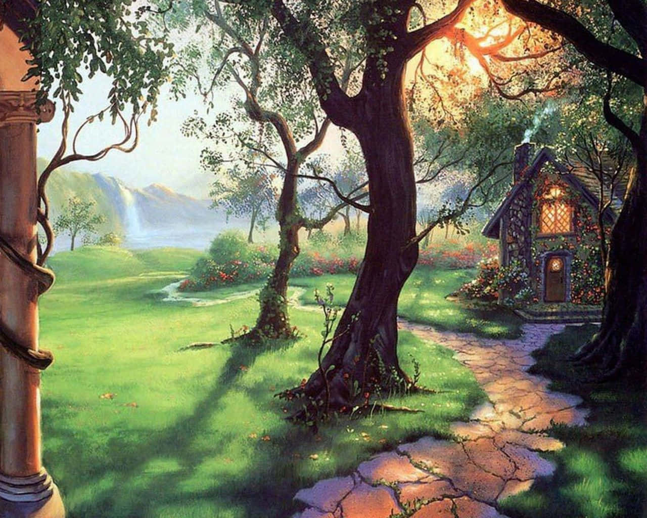 Fairy Forest, sunlit stone cottage, lush forest, HD Desktop Wallpaper