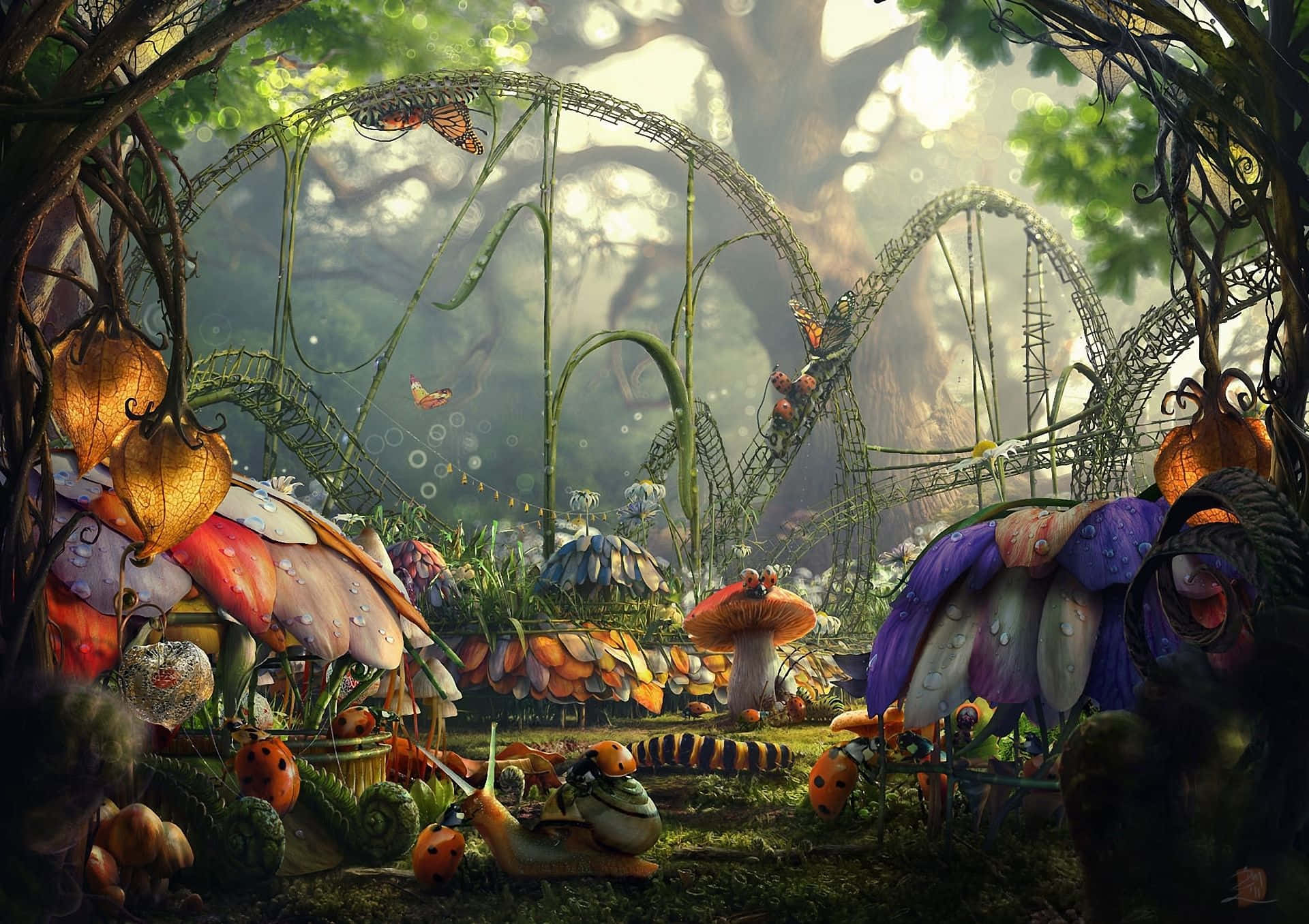 Fairy Forest, giant mushrooms houses, roller coaster, Full HD Desktop Wallpaper