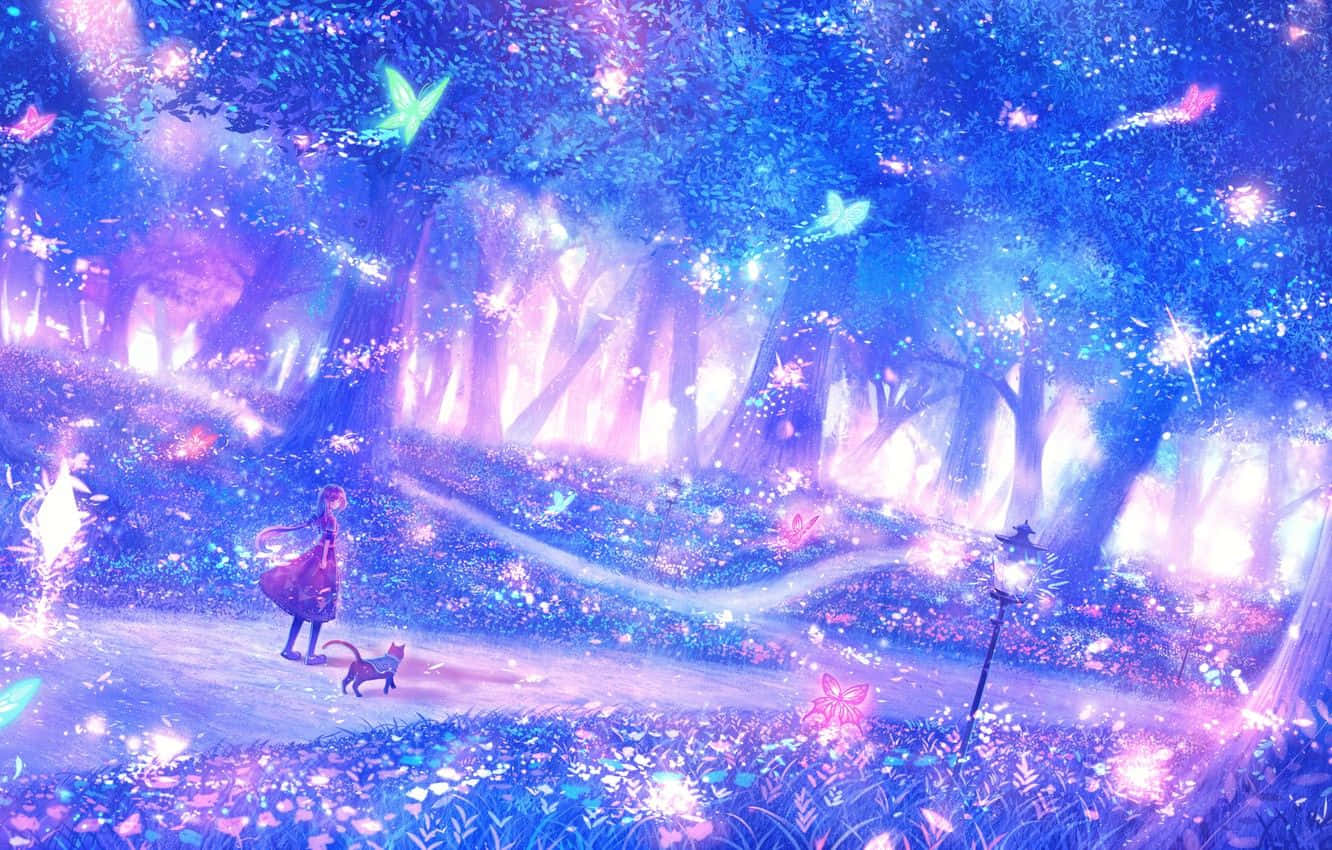 Fairy Forest, purple blue lights, floating butterflies, HD Desktop Wallpaper