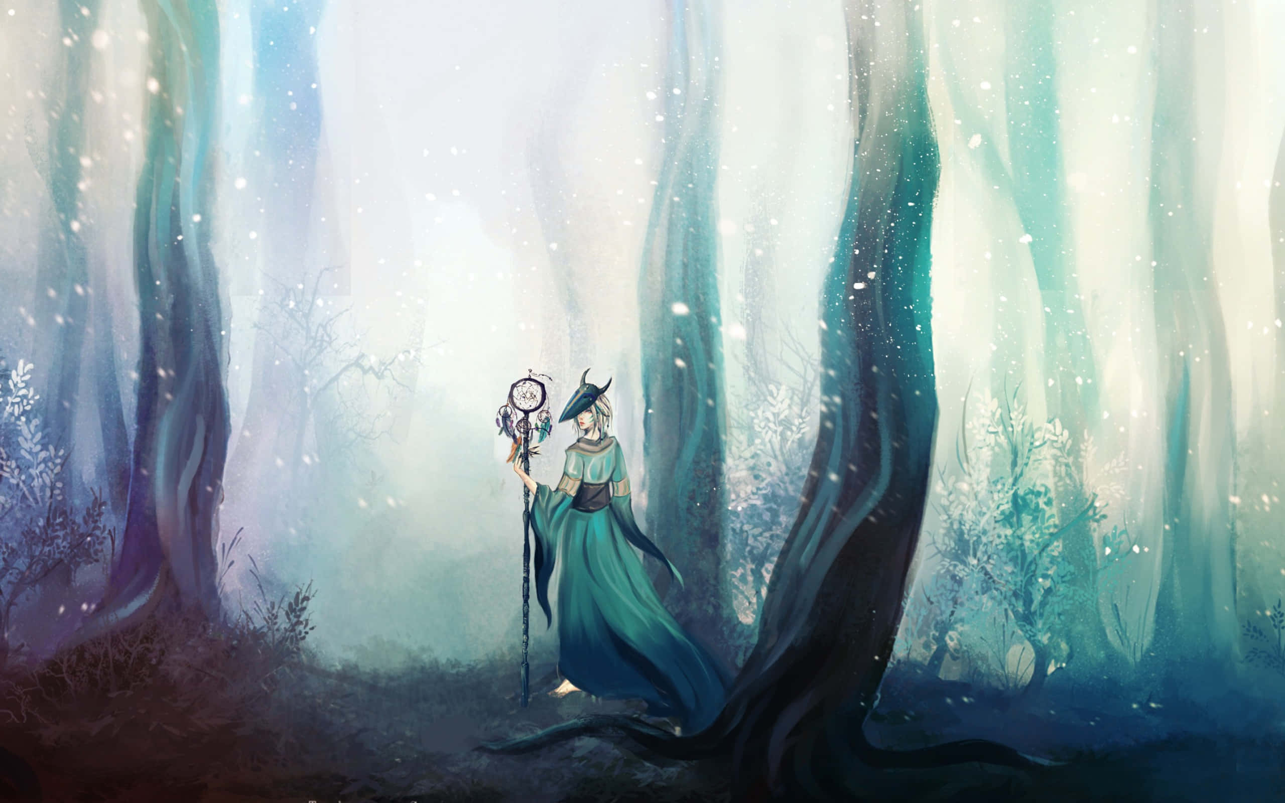 Fairy Forest, teal gown, misty trees, 2K Desktop Wallpaper