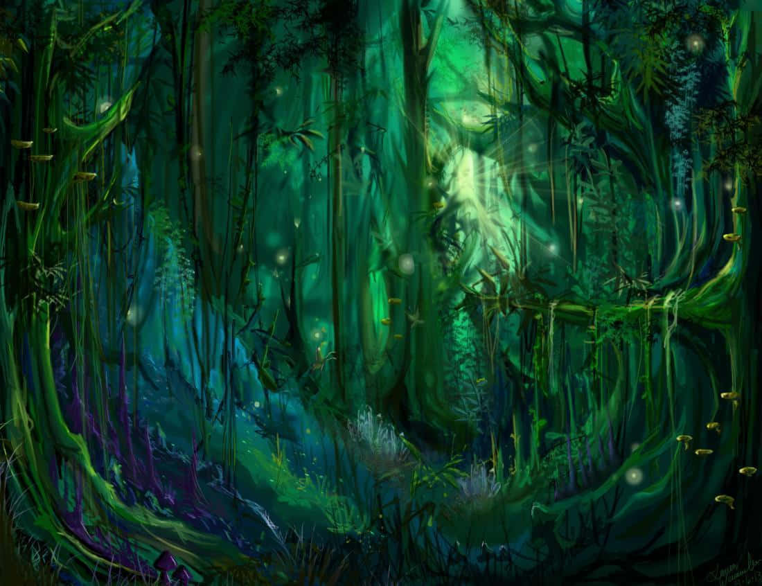 Fairy Forest, glowing green light, bioluminescent fungi, SD Desktop Wallpaper