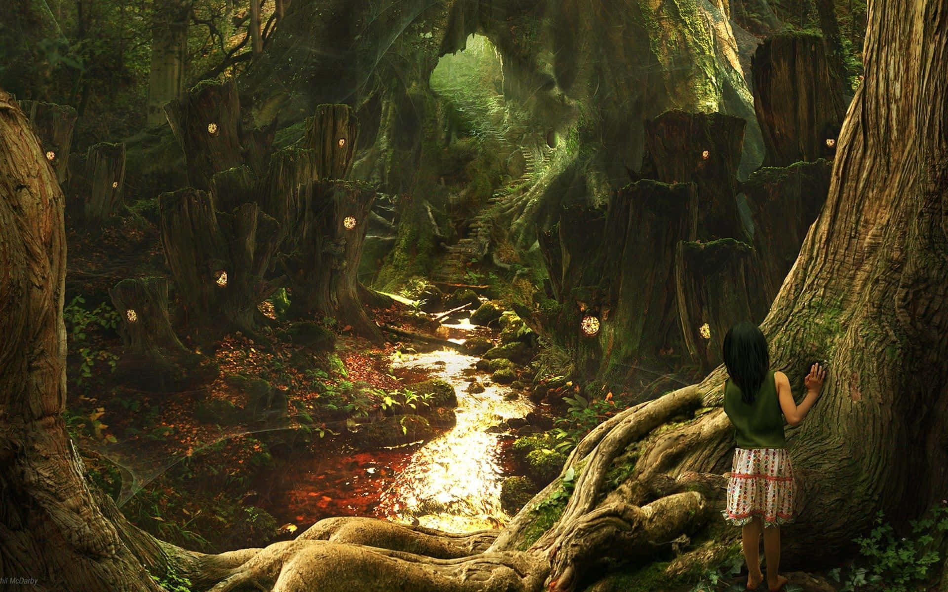 Fairy Forest, glowing mushrooms, winding stream, Full HD Desktop Wallpaper