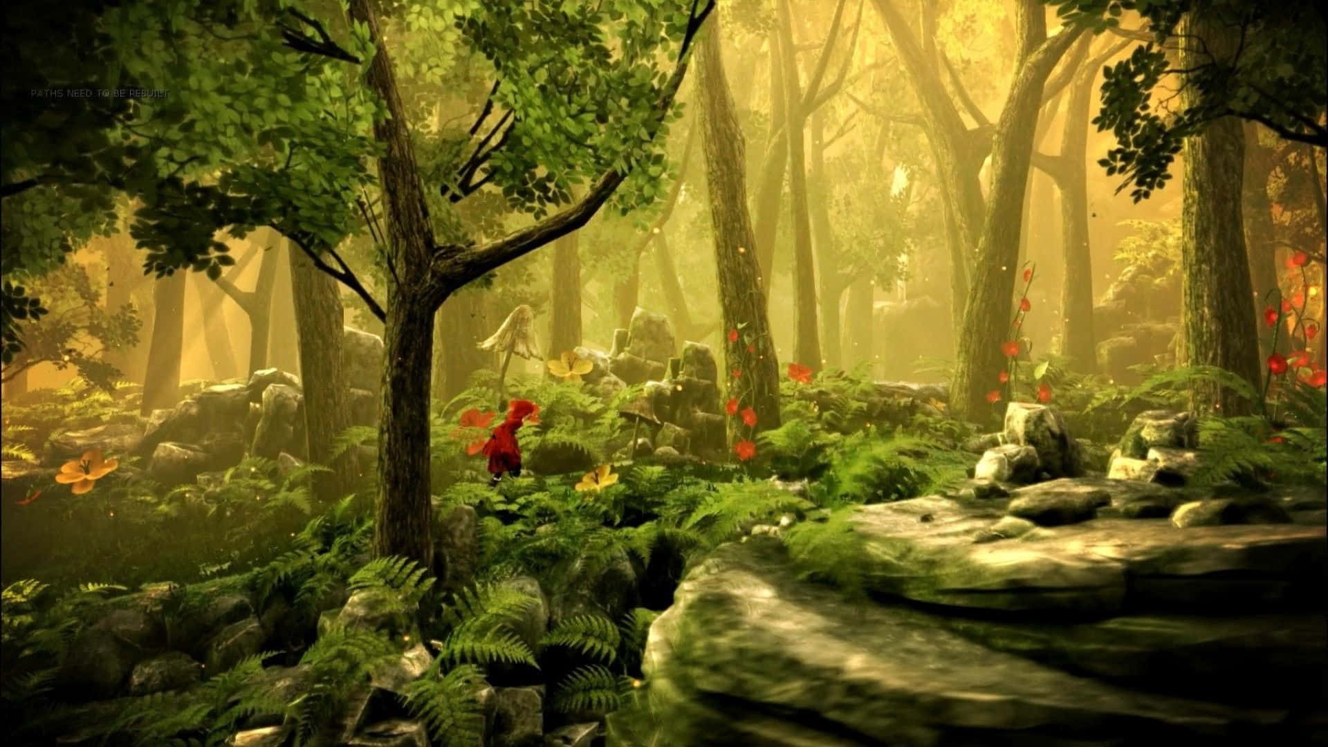 Fairy Forest, red creature, misty sunlit forest, Full HD Desktop Wallpaper