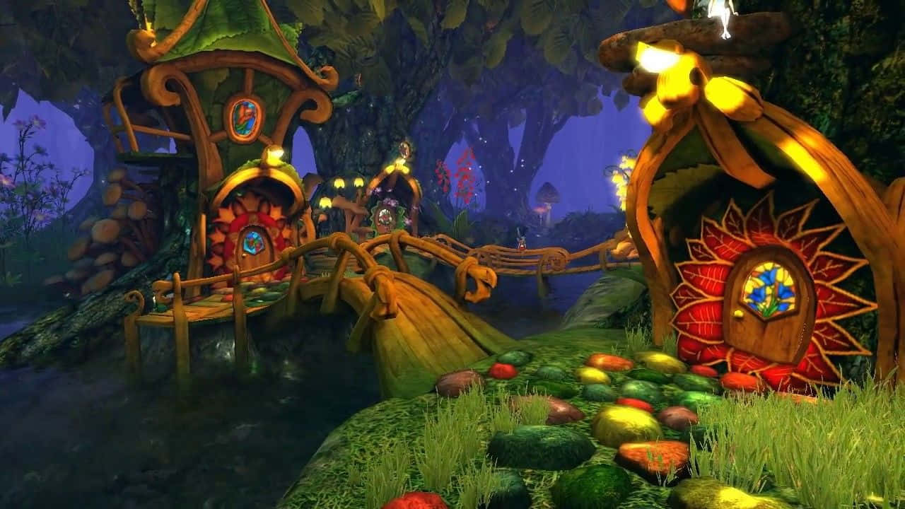 Fairy Forest, treehouse village, warm lights, HD Desktop Wallpaper