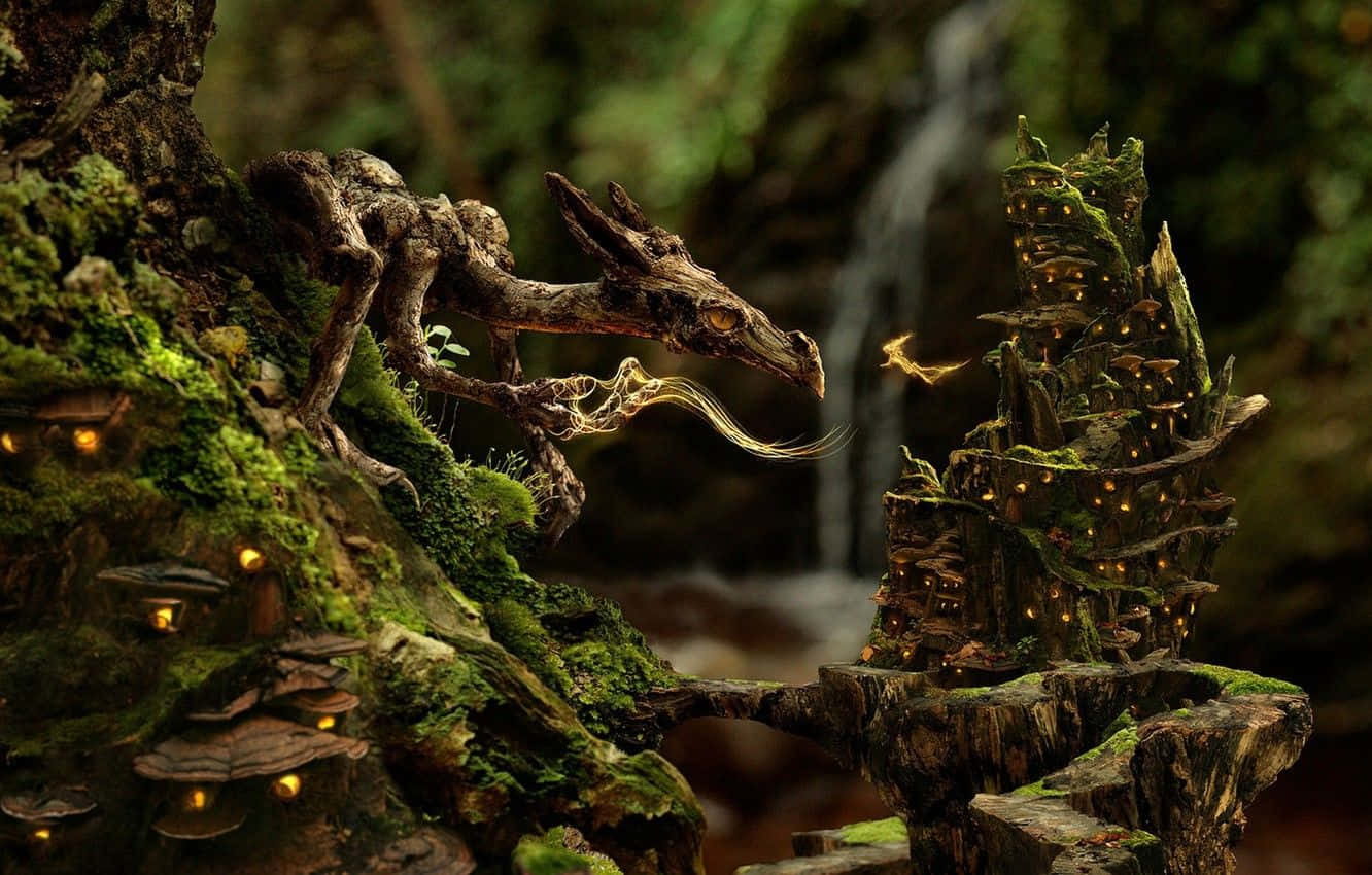 Fairy Forest, gnarled wood dragon, mossy treehouse village, HD Desktop Wallpaper