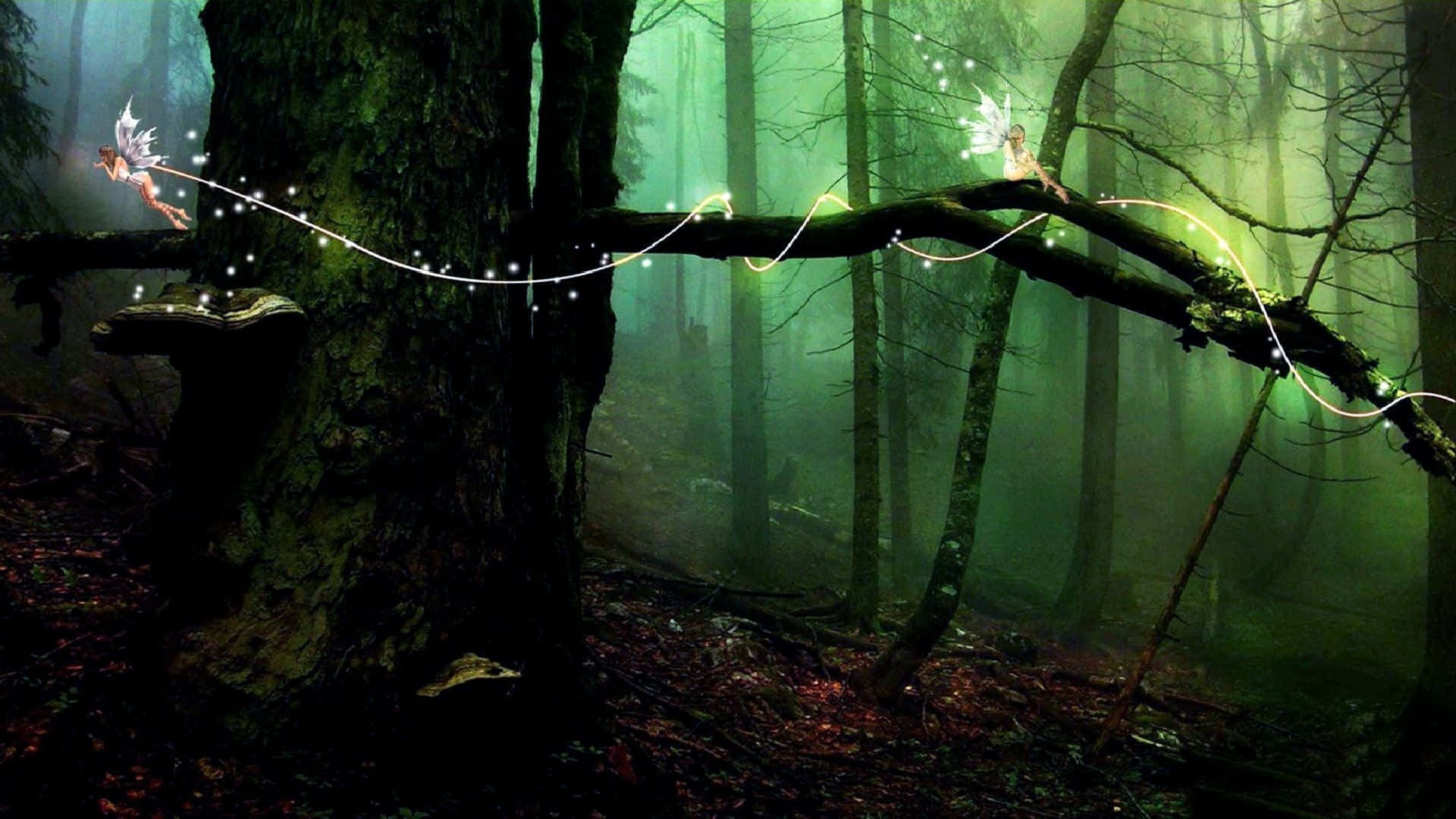 Fairy Forest, glowing fairies, misty green forest, Full HD Desktop Wallpaper