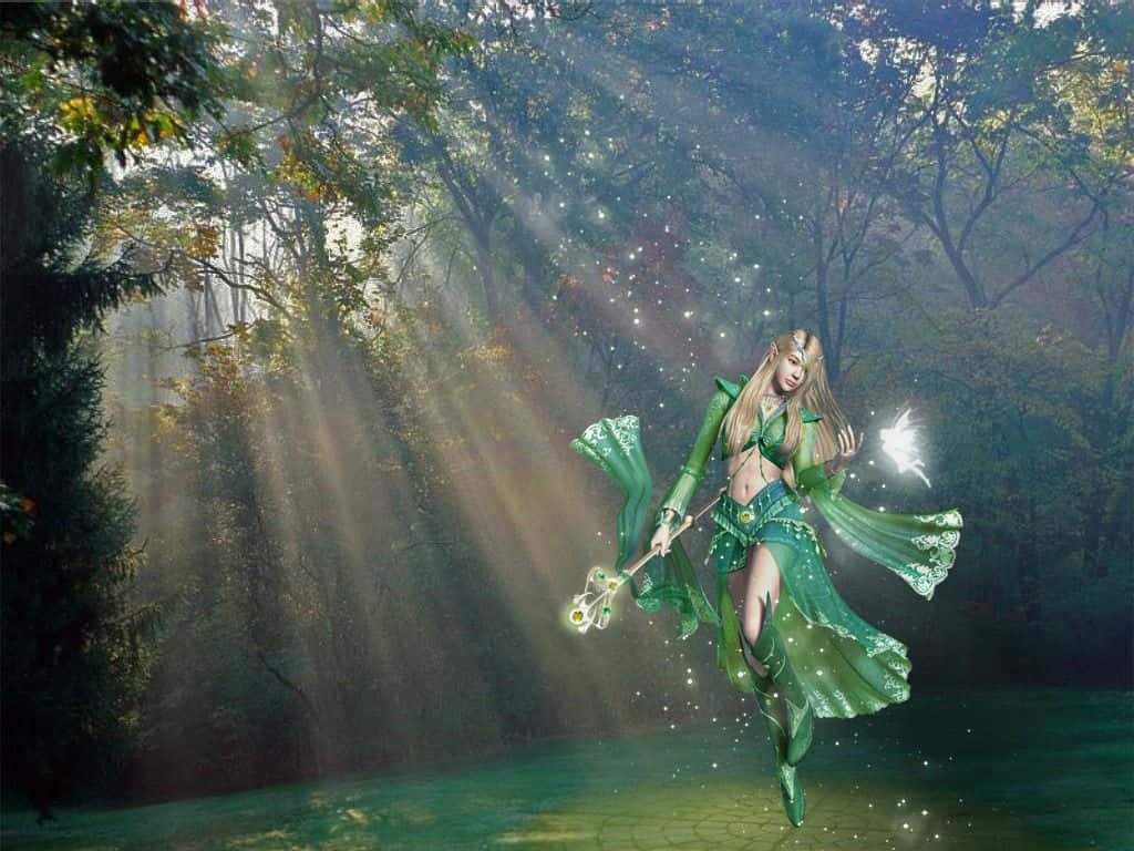 Fairy Forest, green-robed elf mage, sunlit forest, SD Desktop Wallpaper