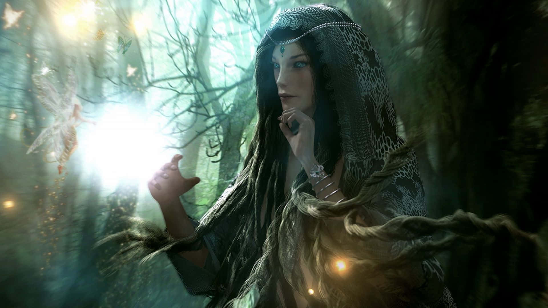Fairy Forest, mystical woman, long braided hair, Full HD Desktop Wallpaper
