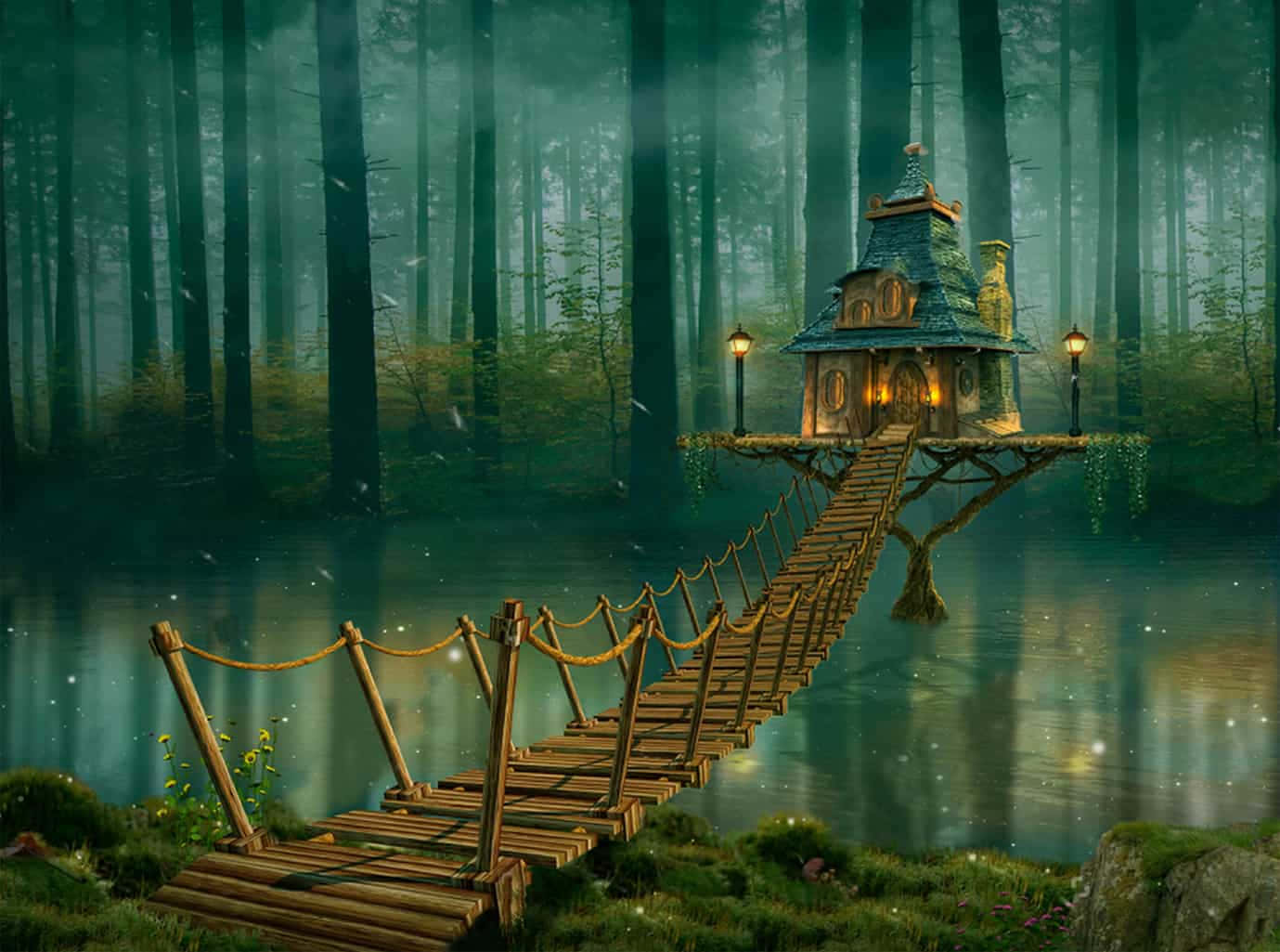 fairy forest, glowing treehouse, misty lake, HD Desktop Wallpaper
