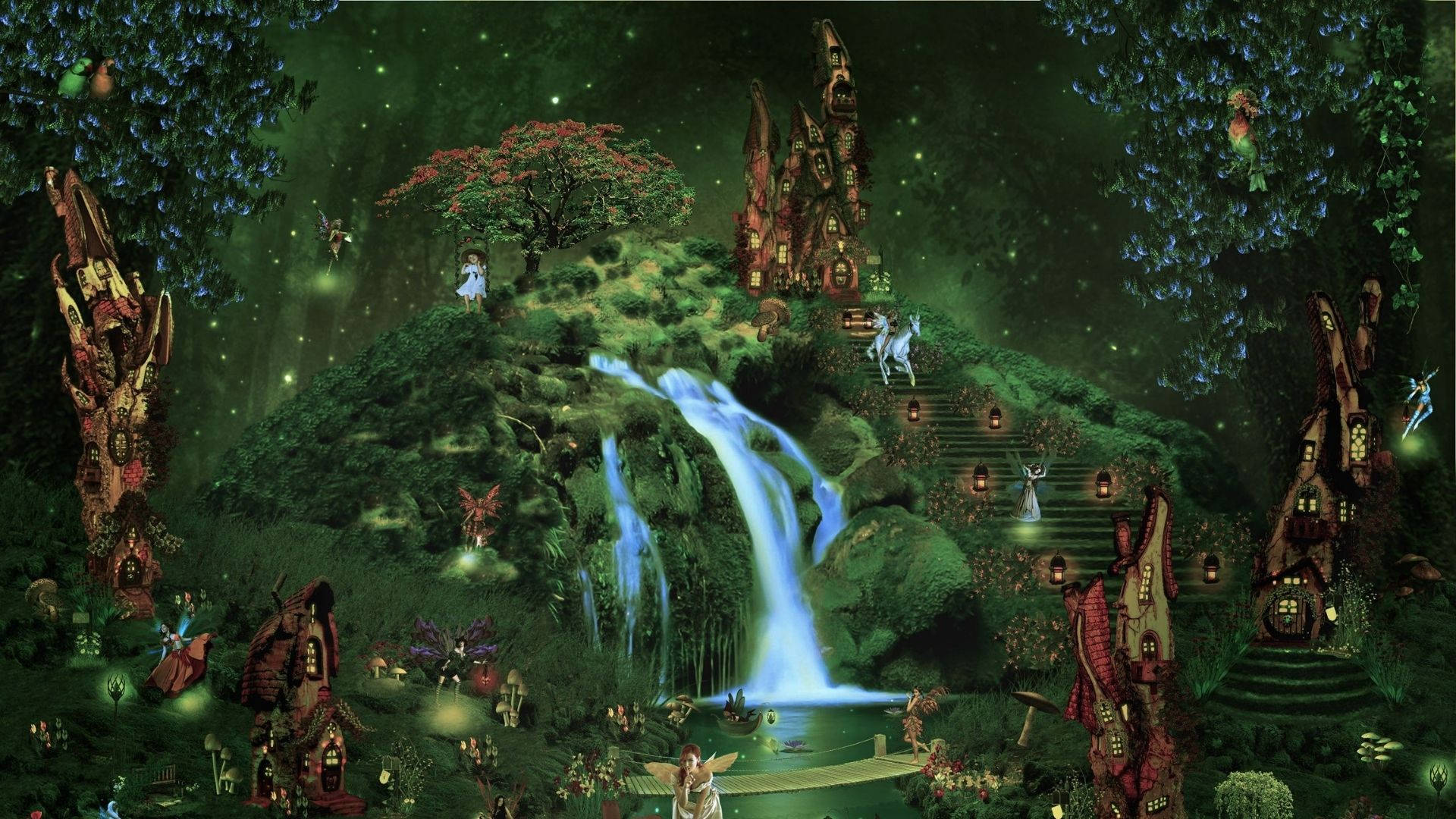 Forest Fairy Aesthetic, bioluminescent lights, fairies, Full HD Desktop Wallpaper