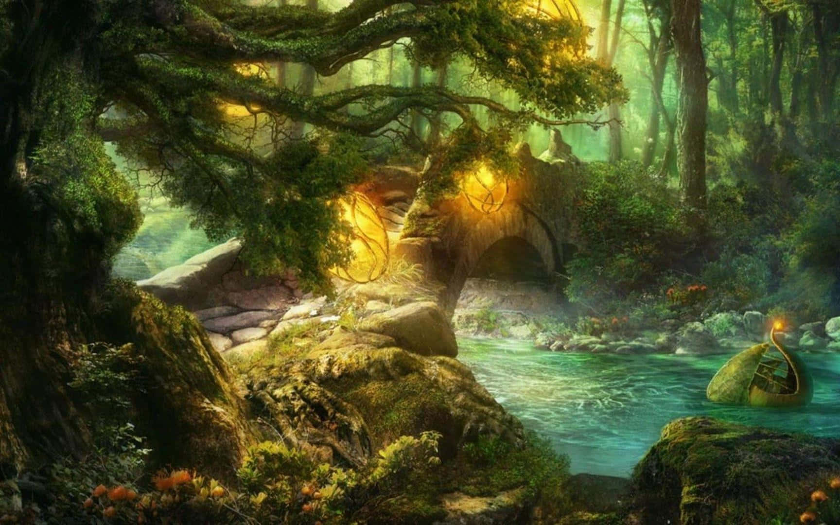 Fairy Forest, golden light, ancient trees, HD Desktop Wallpaper