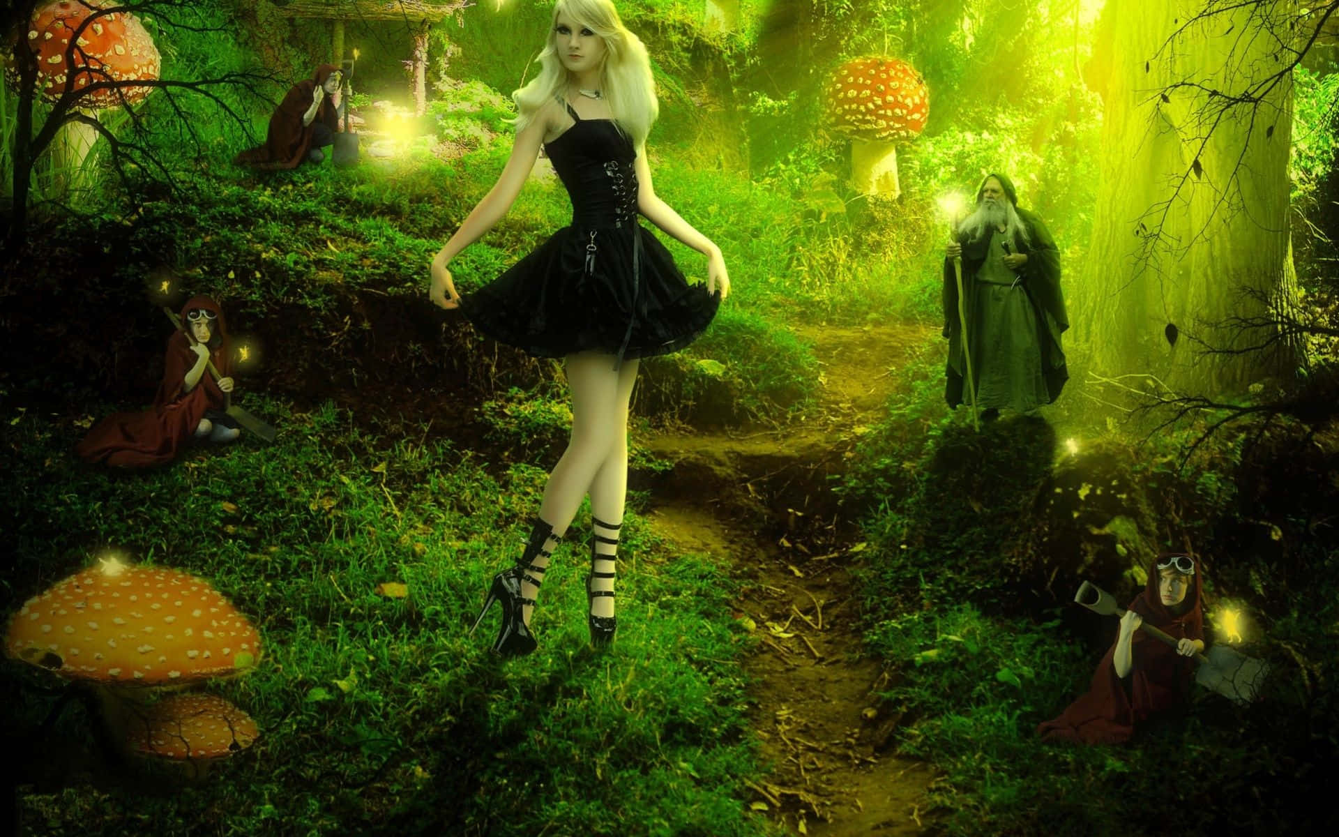 Fairy Forest, glowing green forest, giant mushrooms, Full HD Desktop Wallpaper